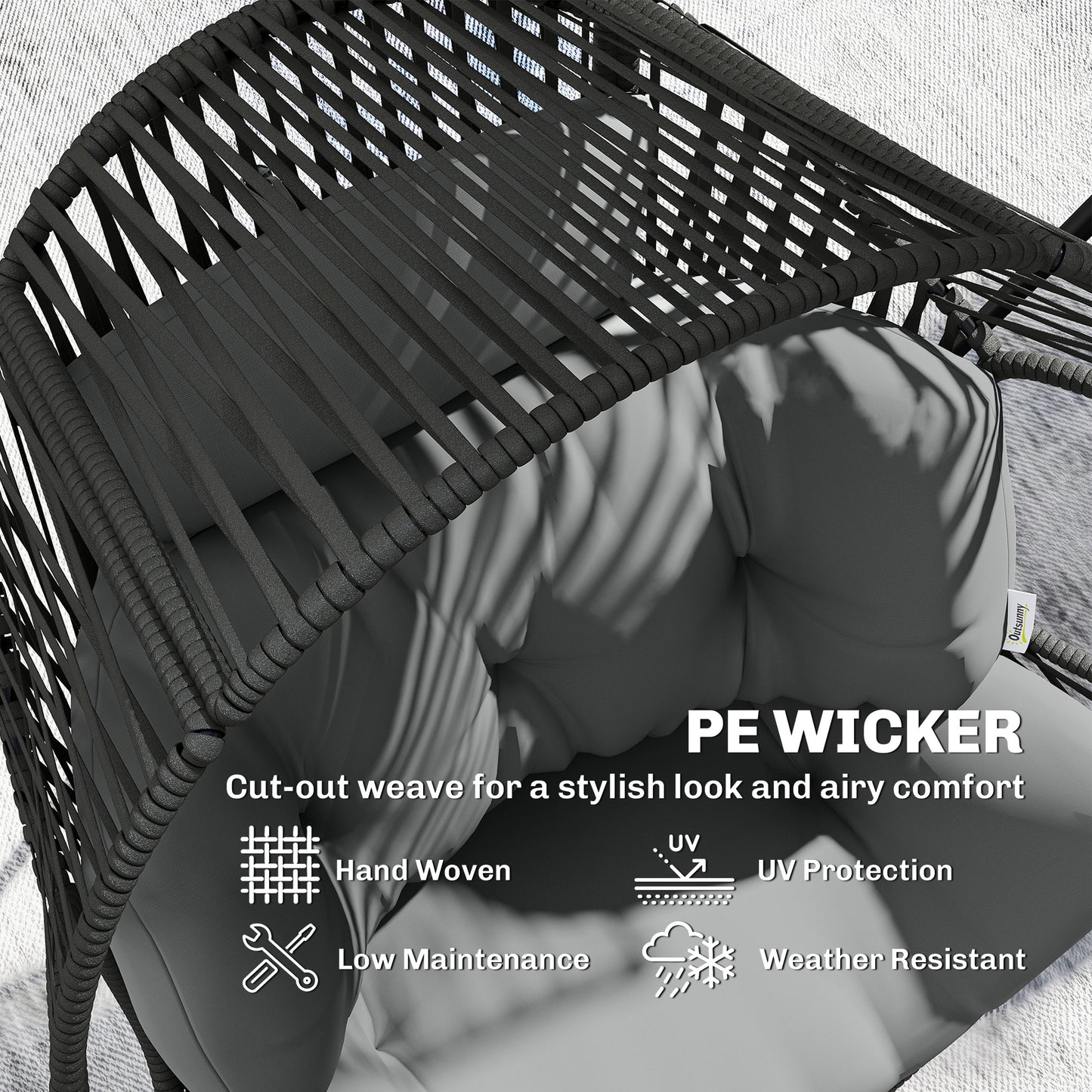 Wicker Egg Chair, Indoor Outdoor Rattan Lounge Chair with Thick Cushion and Headrest, Steel Frame, Adjustable Pads, Grey