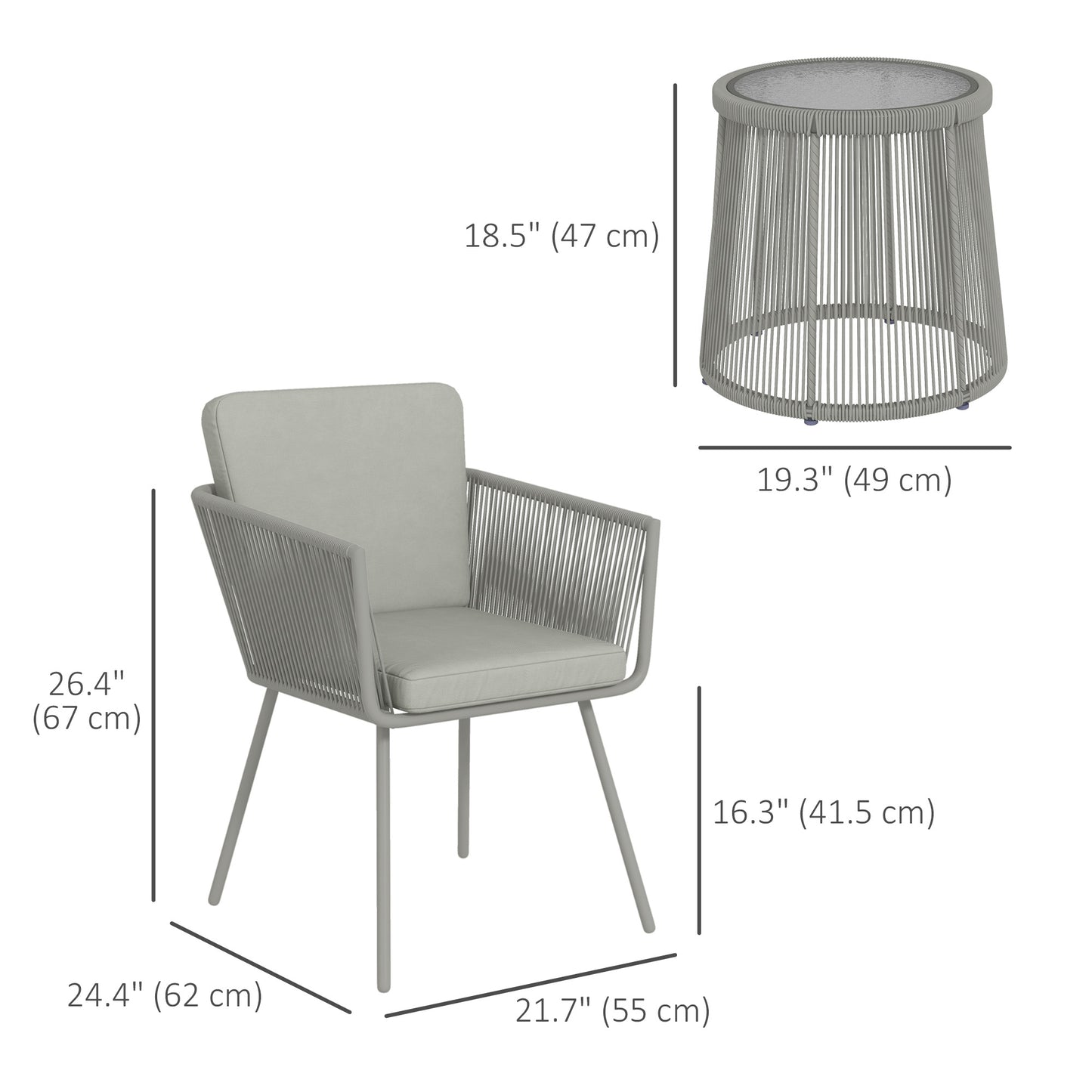 3 Piece Outdoor Patio Bistro Set, Wicker Rattan Furniture with Metal Legs for Garden, Backyard, Light Grey
