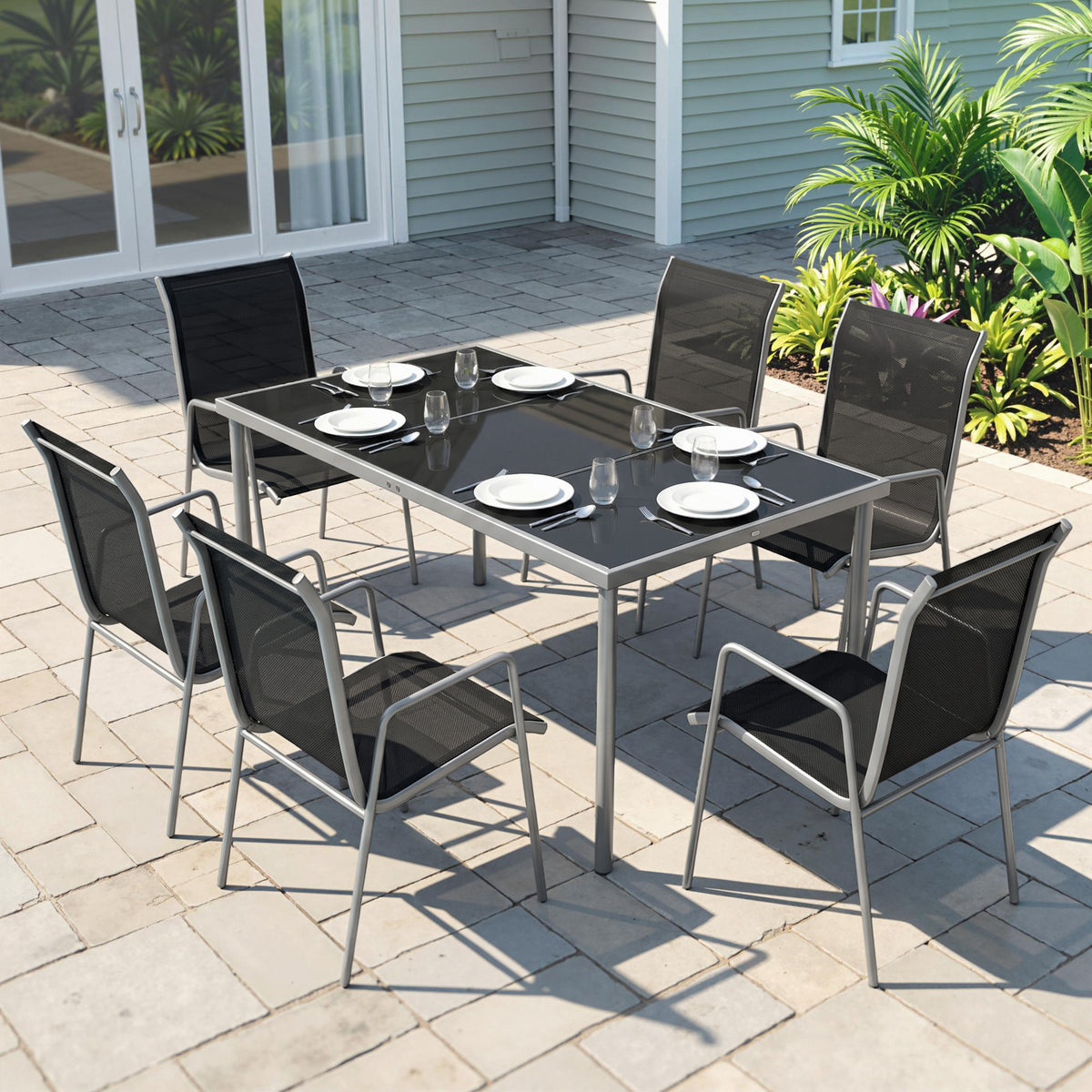 7 Piece Garden Dining Set, Garden Furniture Set with Rectangle Table and 6 Stackable Chairs