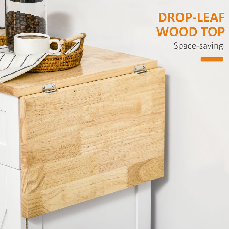 Foldable Rolling Kitchen Island with Drop-Leaf Top - White
