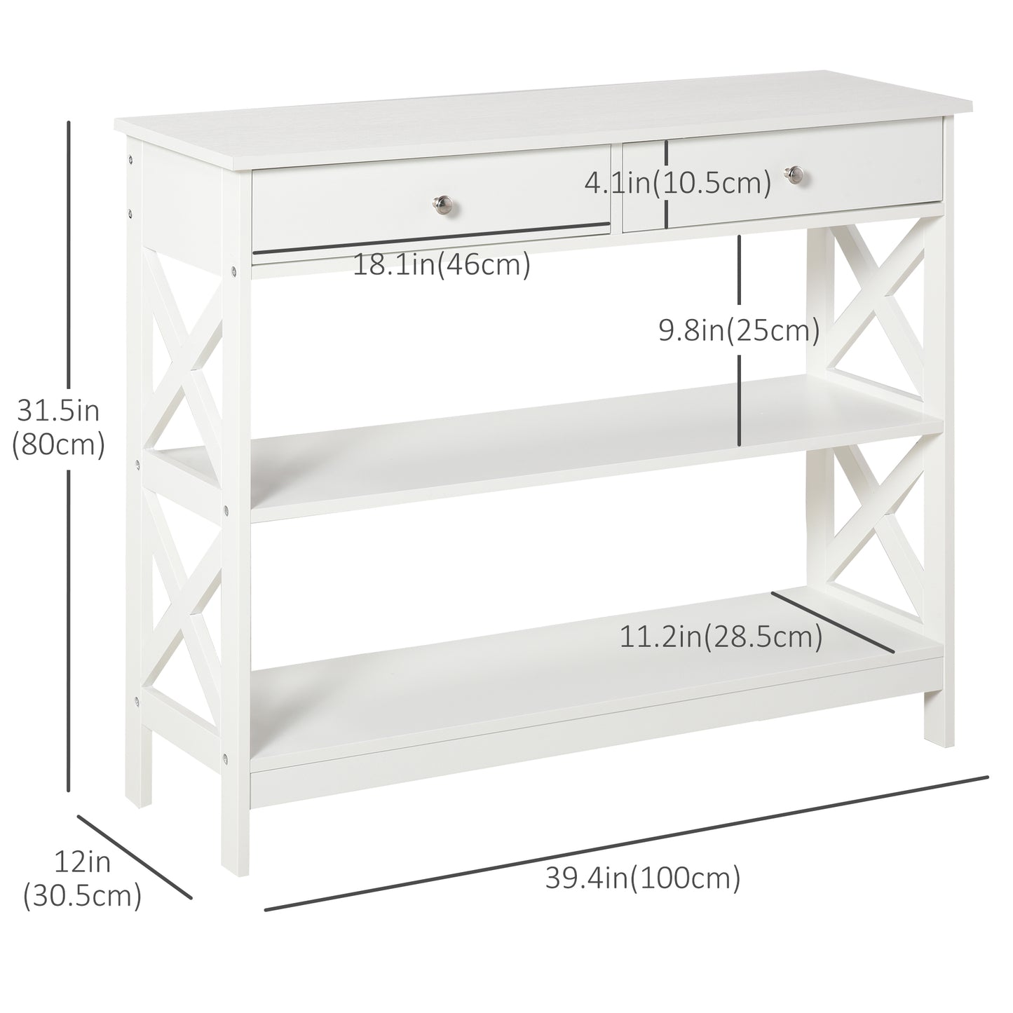 39" Console Table, Narrow Entryway Table with Storage Shelves, Drawers and X Frame for Behind Couch, Living Room, Hallway, White