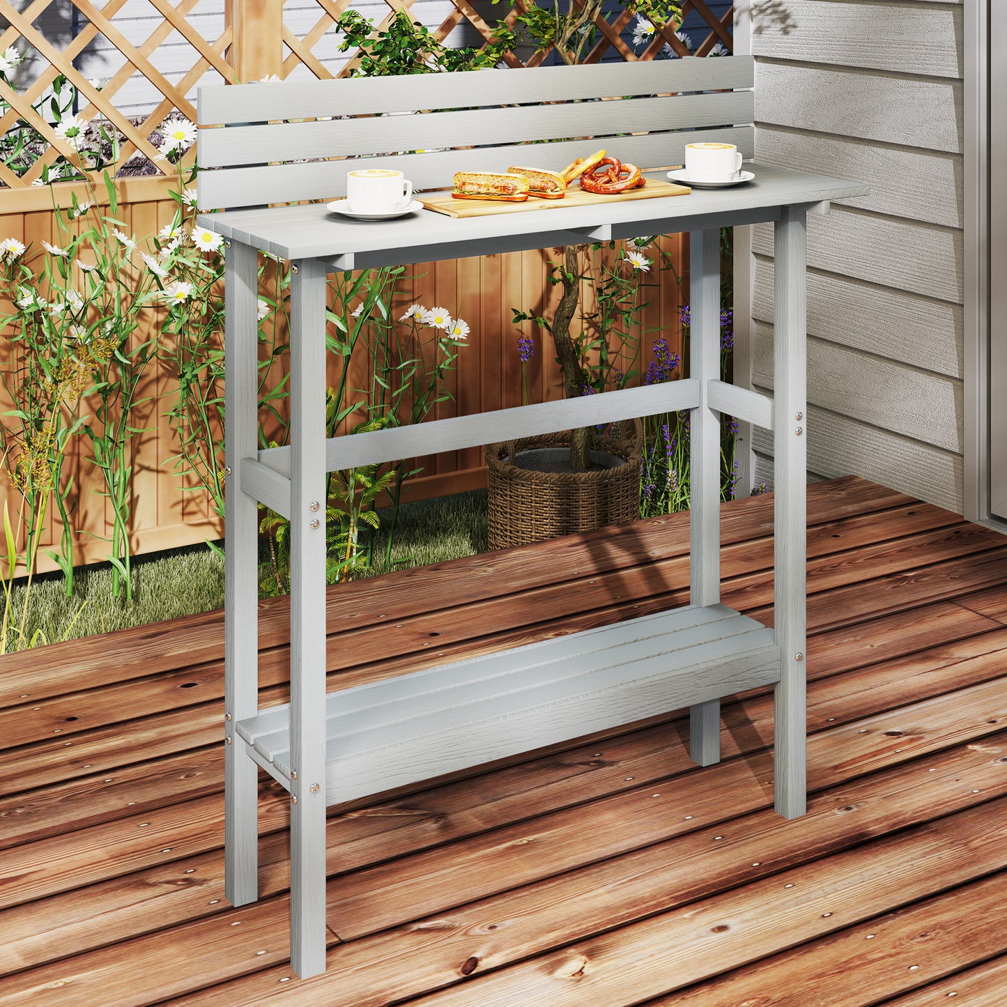110cm Rectangle Outdoor Bar Table with Built-in Footrest, Slatted Top, Grey