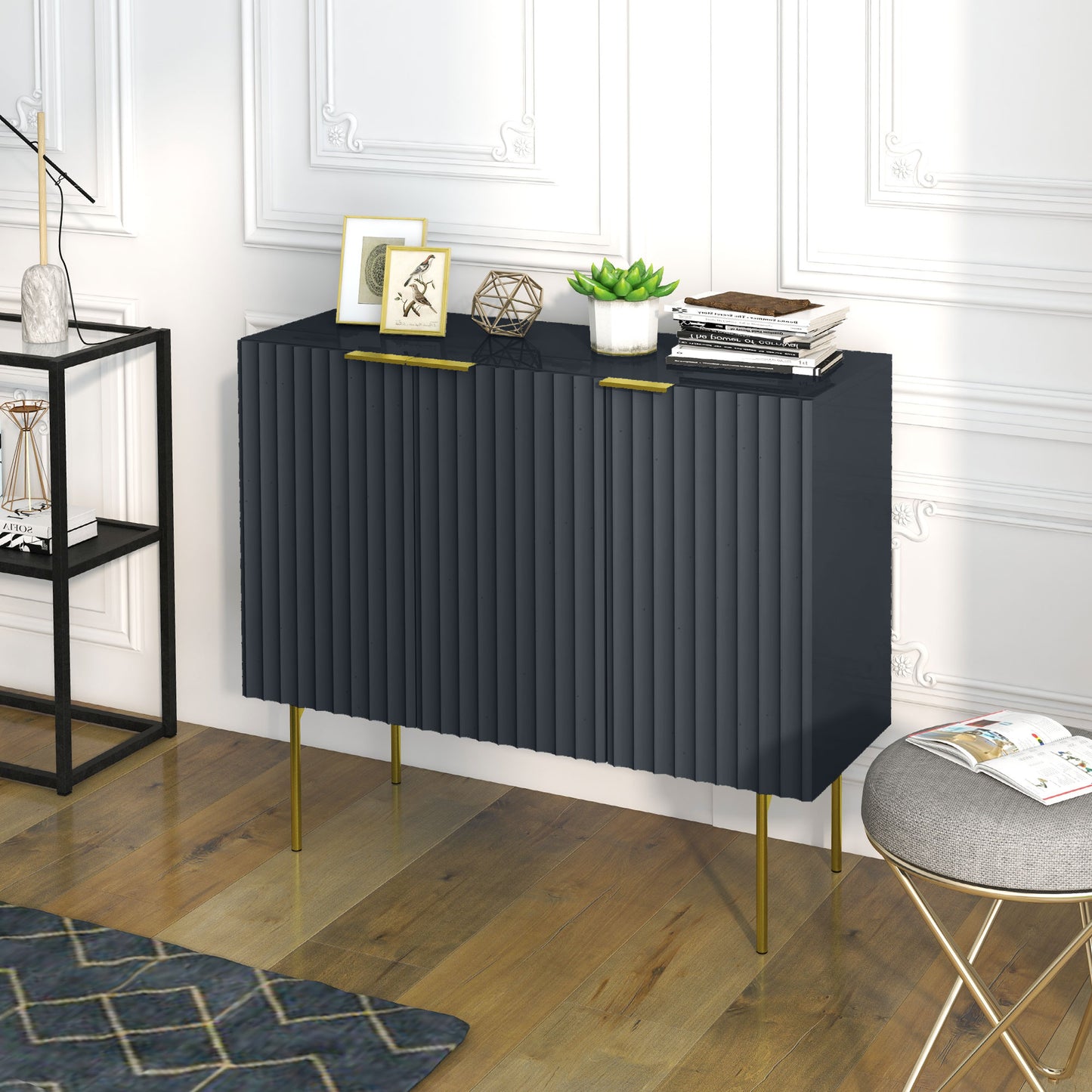 Modern Storage Cabinet Sideboard Buffet Cabinet with Gold Legs for Living Room Dining Room Hallway Black