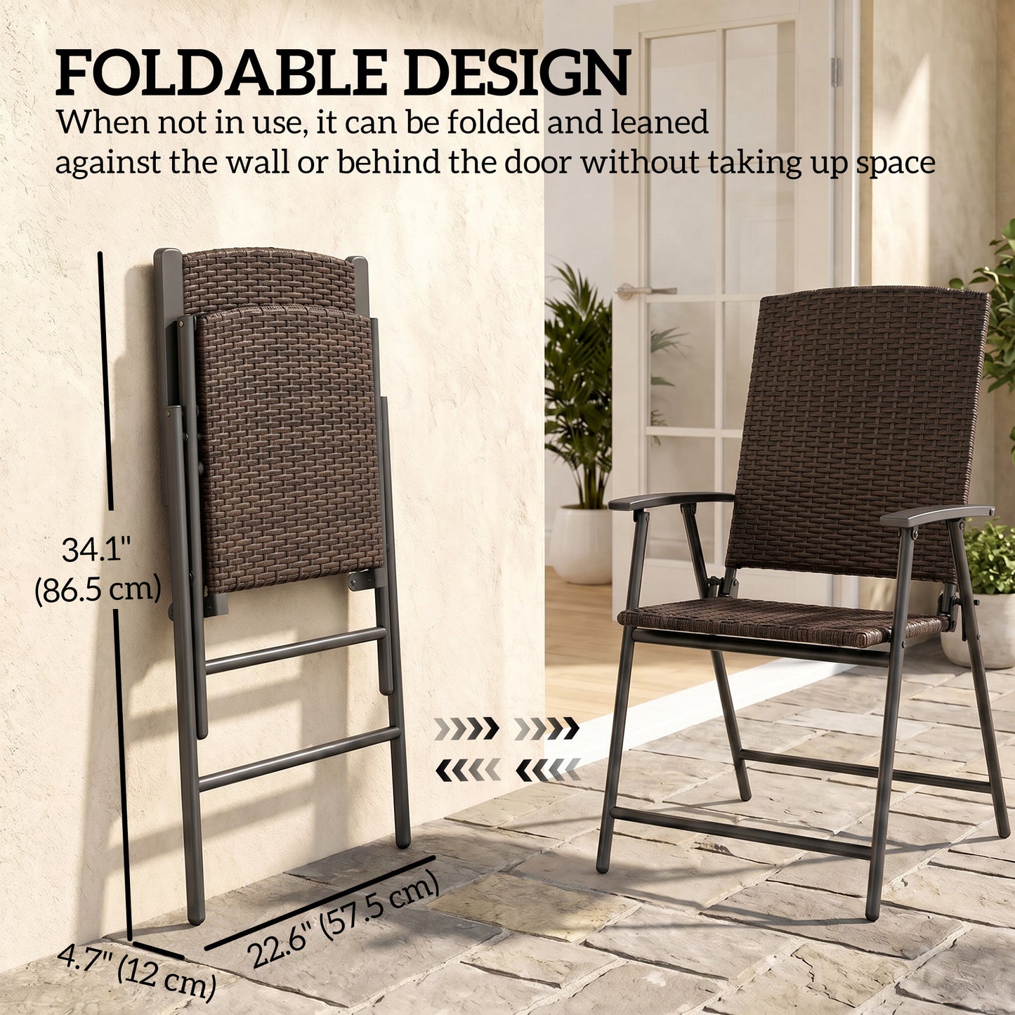 Outdoor Wicker Dining Chair Set of 2, 2 Pieces Rattan Foldable Chair with Steel Frame for Garden, Backyard, Porch, Brown