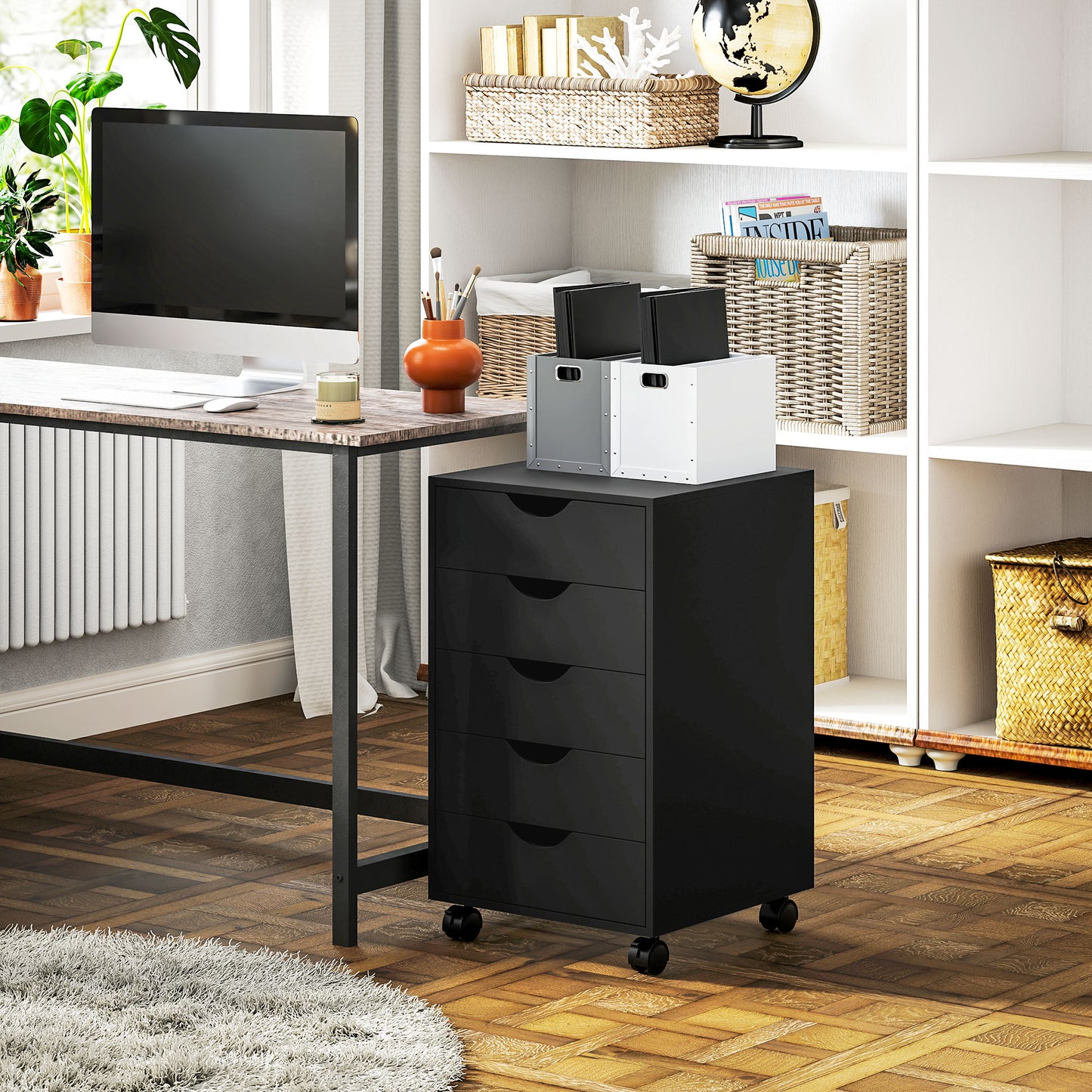 File Cabinet with 5 Drawer Wheels, 15.7" x 15.7" x 26.4", Black
