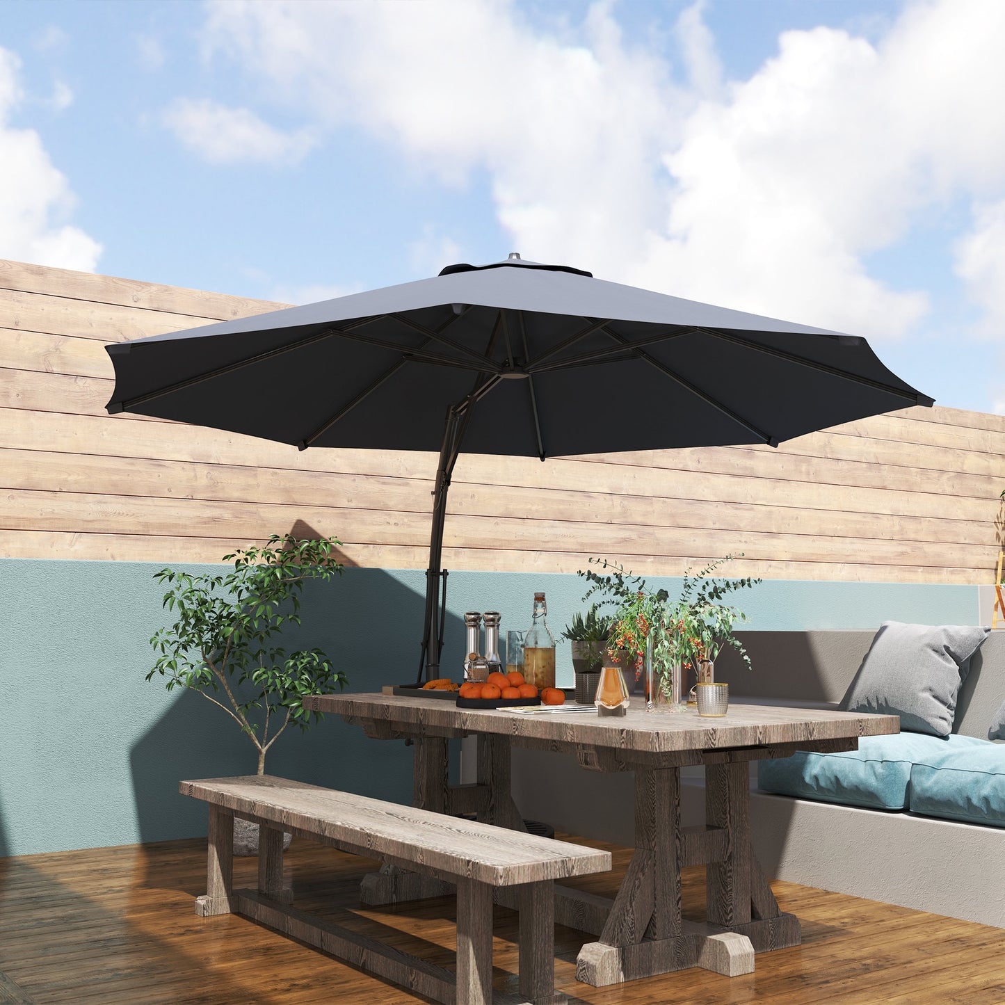 11FT Patio Umbrella, Cantilever Umbrella with 8 Ribs, 360° Rotation, Easy Adjustment for Garden, Deck, UPF 50+, Grey