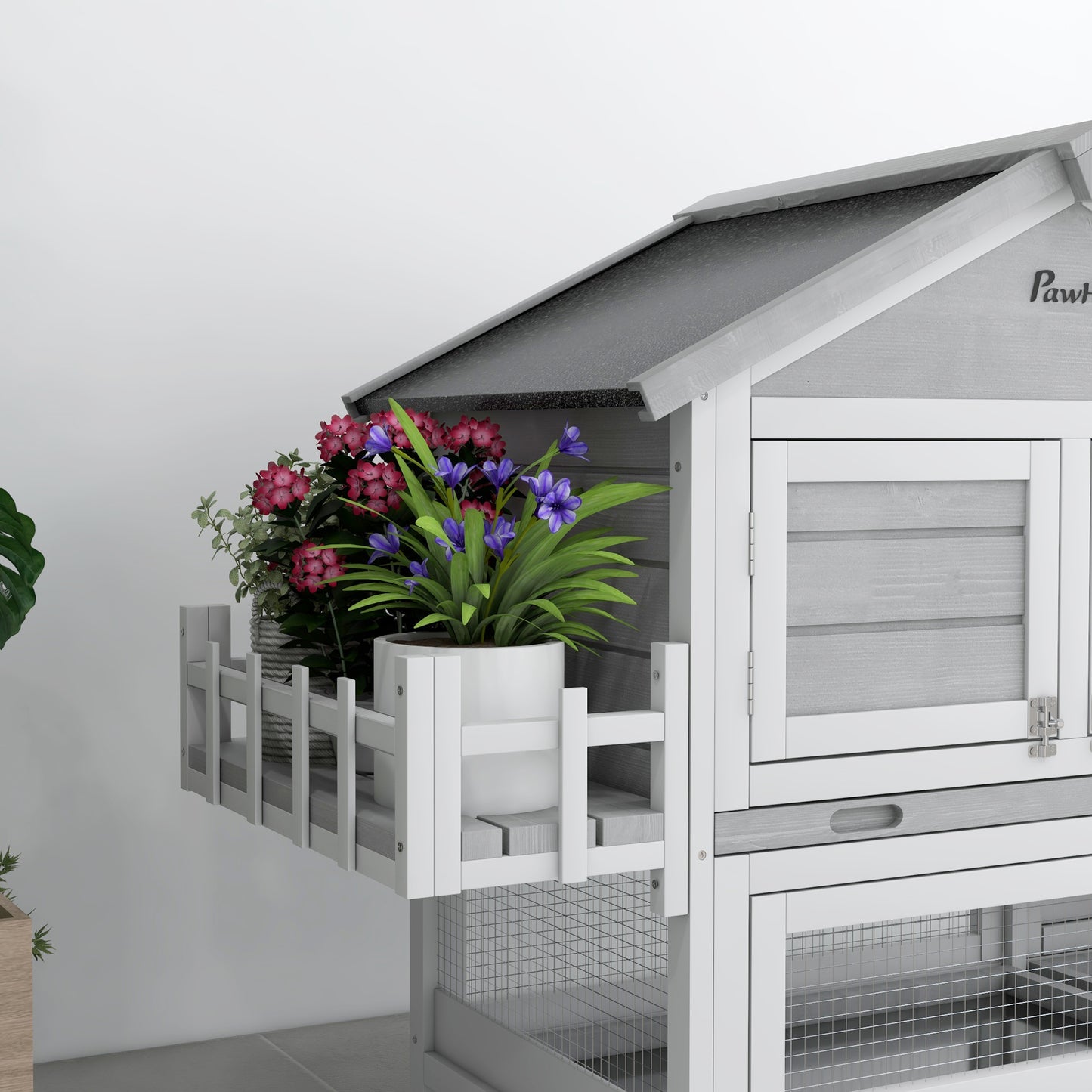 65" Wooden Rabbit Hutch, Pet Playpen with Openable Roof, Storage Box, for Rabbits and Small Animals, Grey