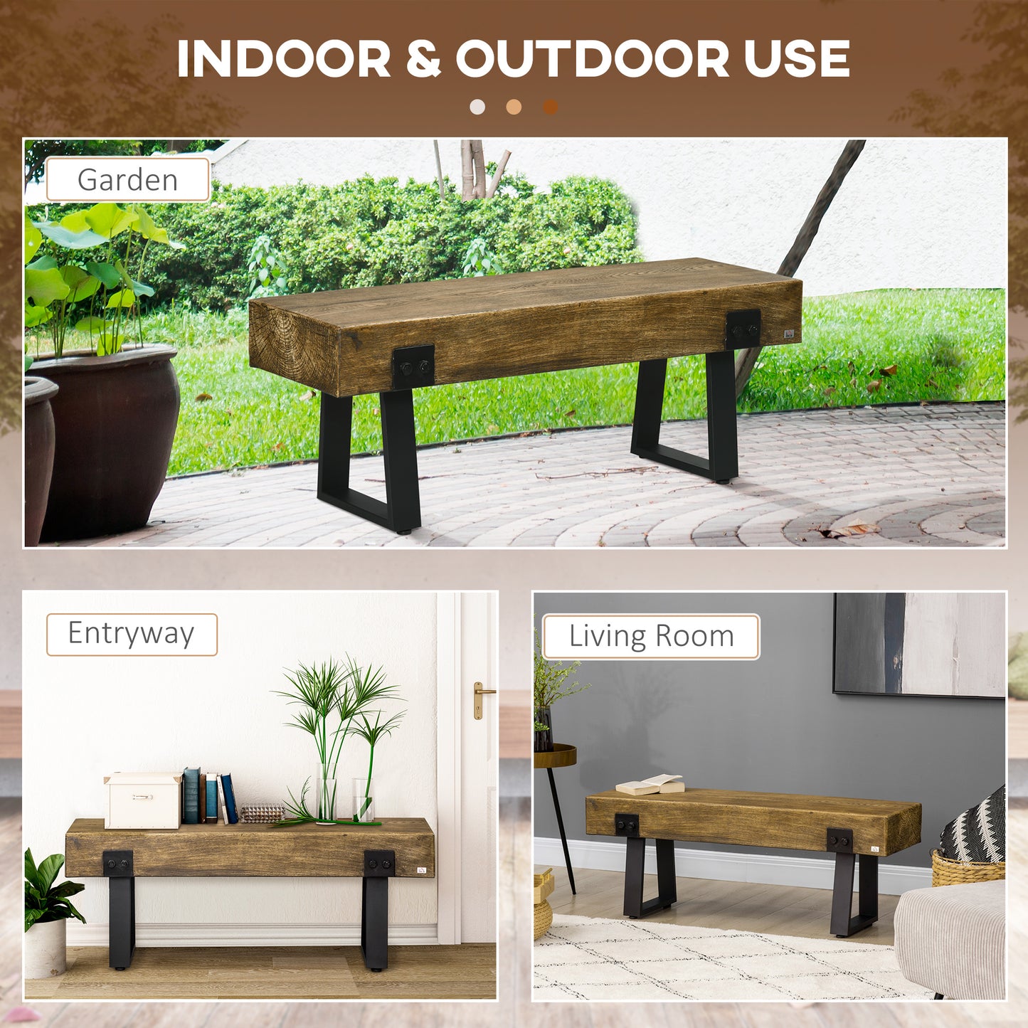 Outdoor Bench, Garden Bench with Metal Legs, Rustic Wood Effect Concrete, Indoor or Outdoor Use for Patio, Park, Porch and Lawn, Natural and Black