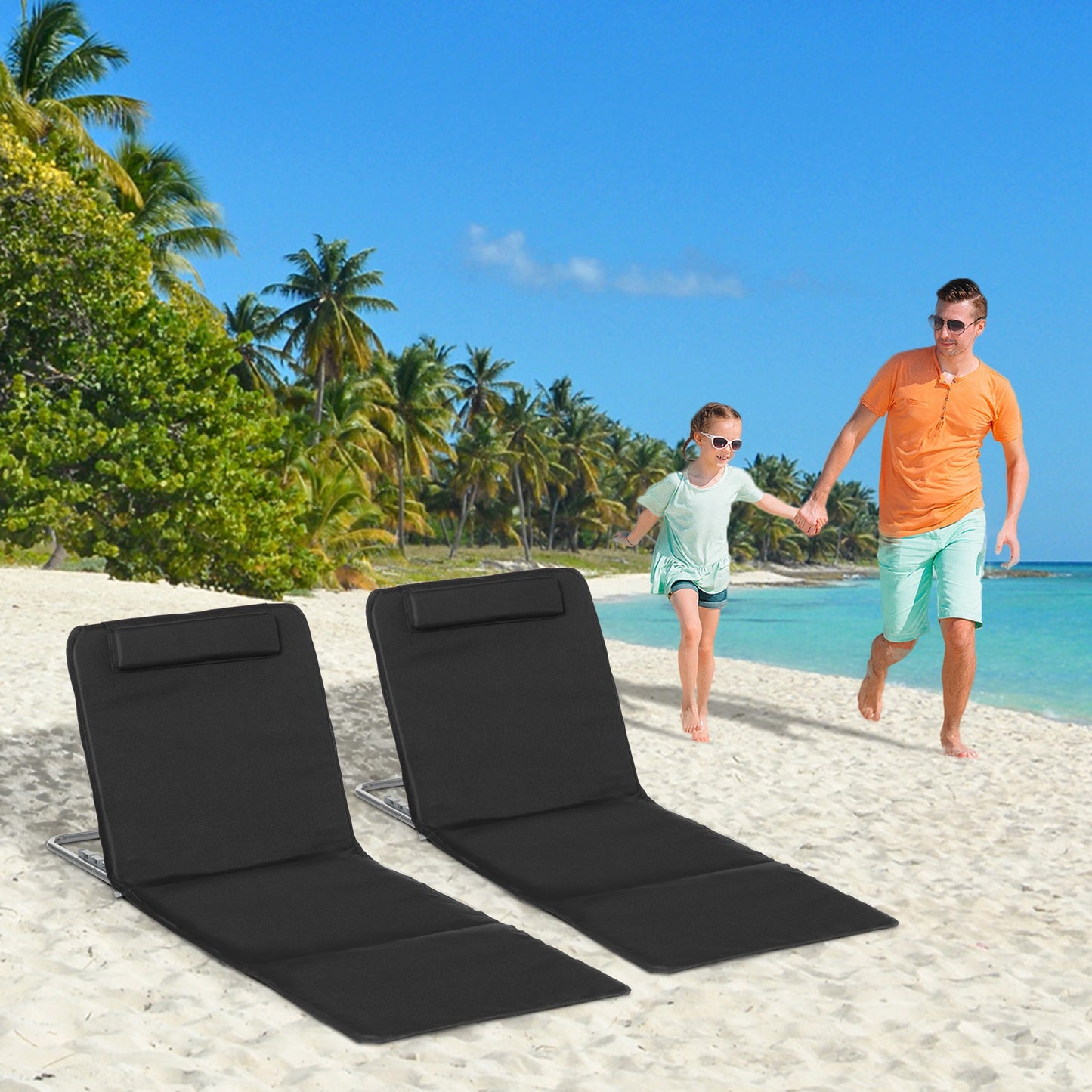 2 Pieces Beach Lounge Chair, Outdoor Folding Chaise Lounge Set w/ Pillow for Sunbath, Snap, Beige