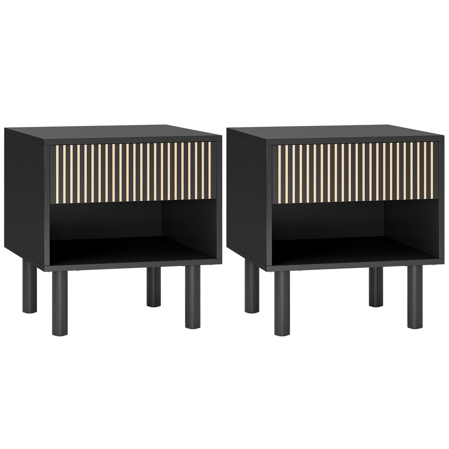 Modern Bedside Table with Drawer and Open Shelf, Sofa Side Table for Bedroom Living Room, Set of 2, Black