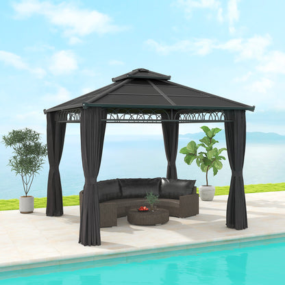 10' x 10' Black Hardtop Gazebo with Double PC Roof & Curtains