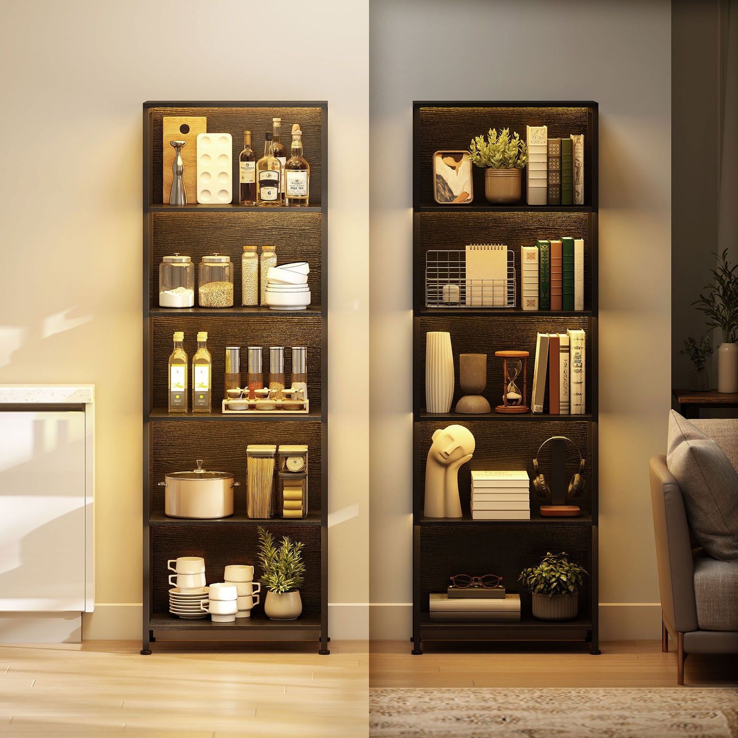 5-Tier Bookshelf, Freestanding Bookcase with LED Lights and Metal Frame for Living Room, Bedroom, Home Office, Black