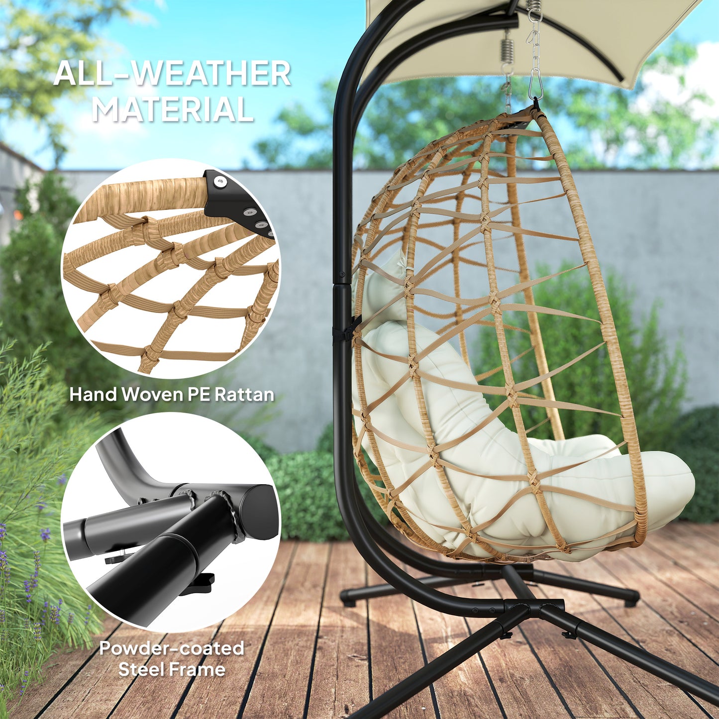 Double Wicker Egg Swing Chair with Canopy, Foldable Hanging Egg Chair with Stand Cushion Headrest, Beige