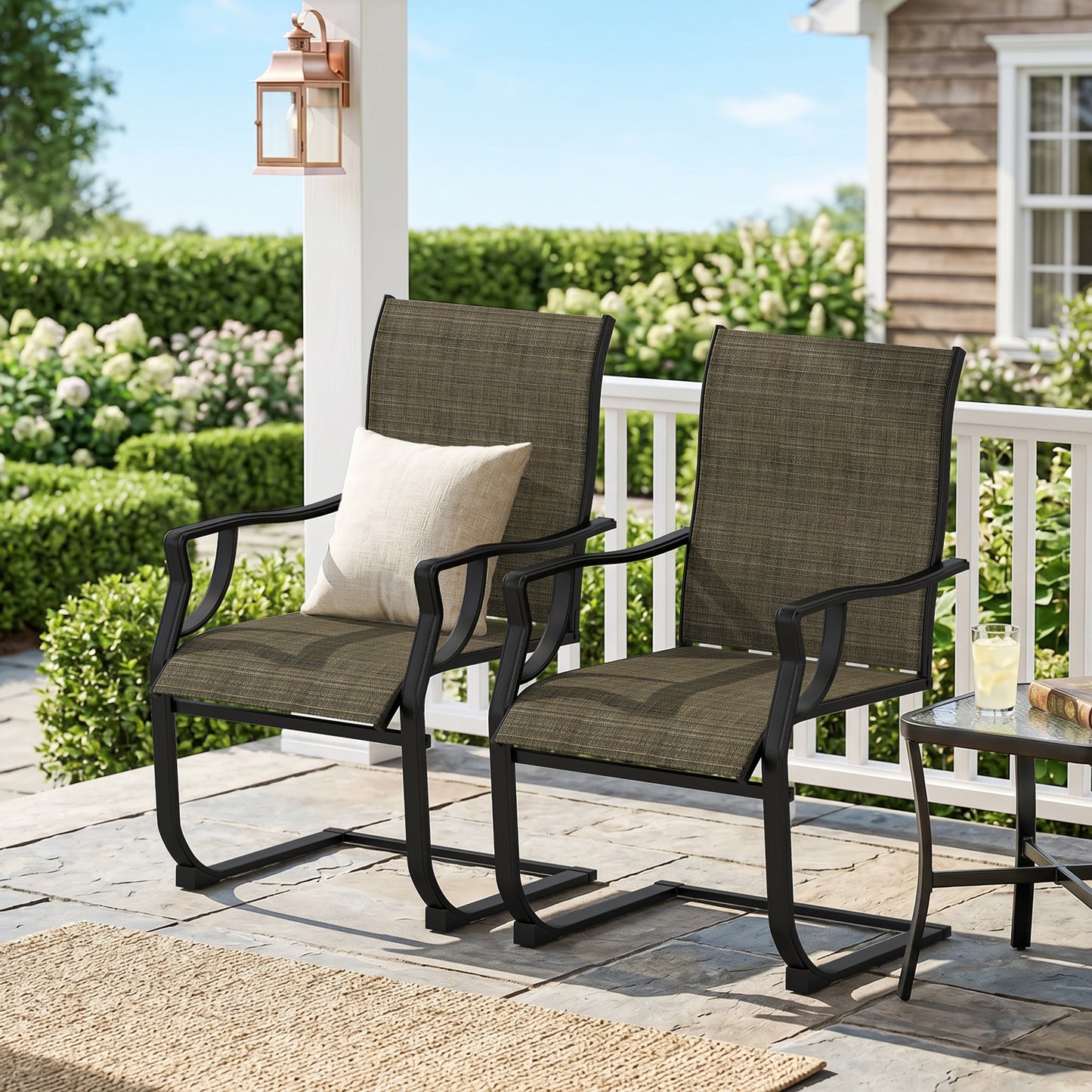 C Spring Motion Patio Chairs Set of 2 with Curved High Backrest, Armrest, All Weather Breathable Fabric, Metal Frame - Light Brown