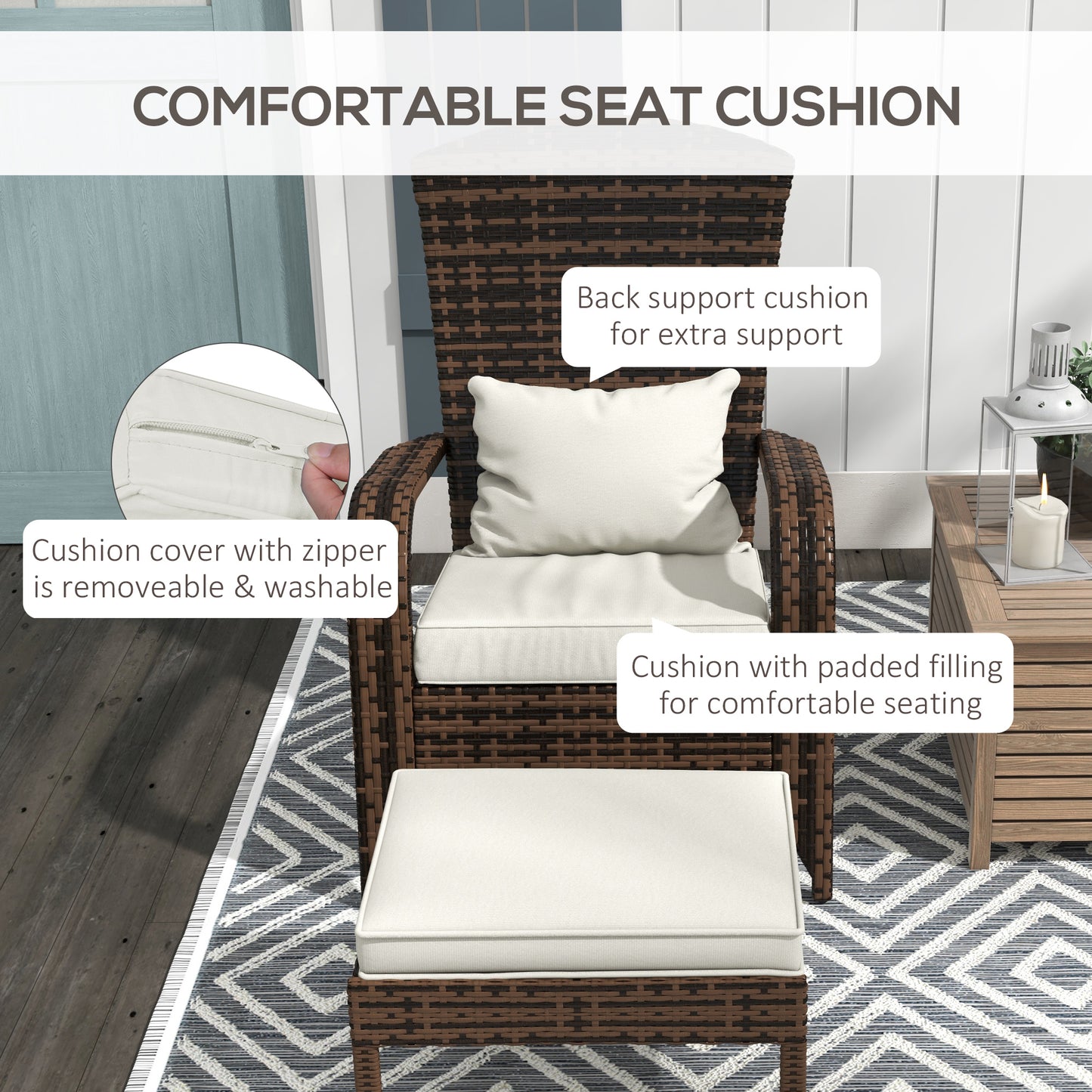 Wicker Adirondack Chair with Ottoman, Patio Cushioned Muskoka Chair with Armrests Brown/Cream White