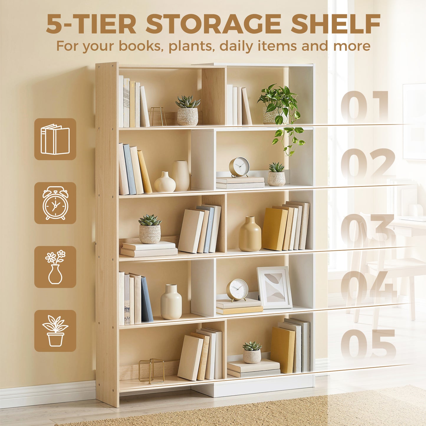 Corner Bookshelf, 5-Tier L-Shaped Bookcase with 350° Rotating Design, Two-Tone, Fruitwood/White