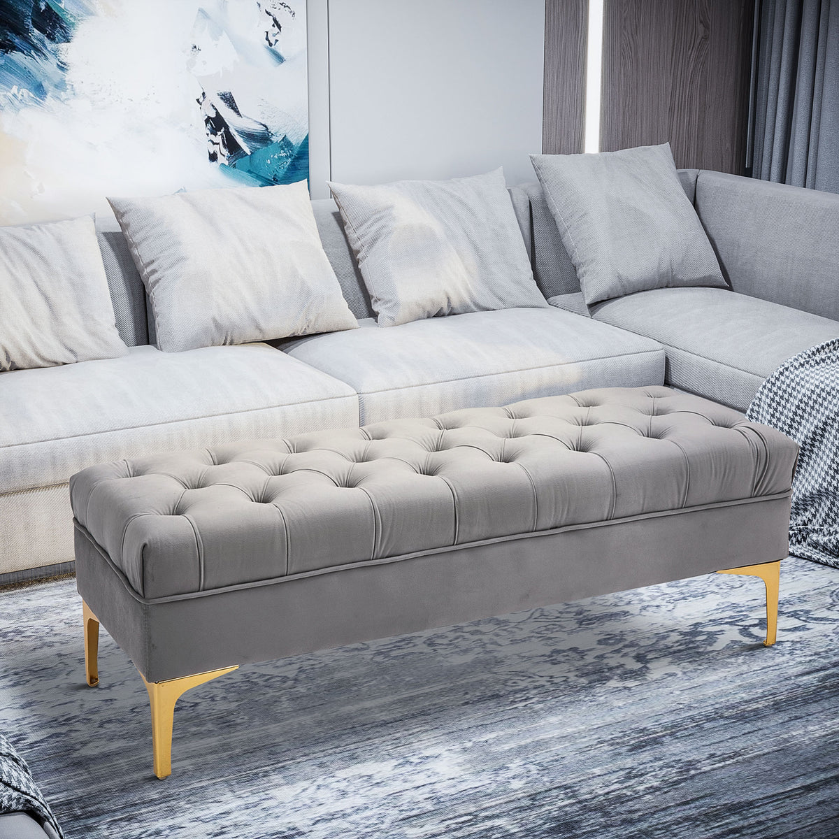 End of Bed Bench, Upholstered Bench, Entryway Shoe Bench with Button Tufted for Living Room, Bedroom, Grey