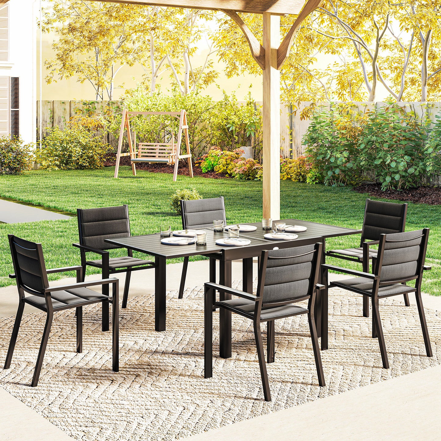 Patio Dining Set for 6, Aluminum Expandable Outdoor Table and 6 Stackable Chairs with Padded Back, Mesh Seat, Black