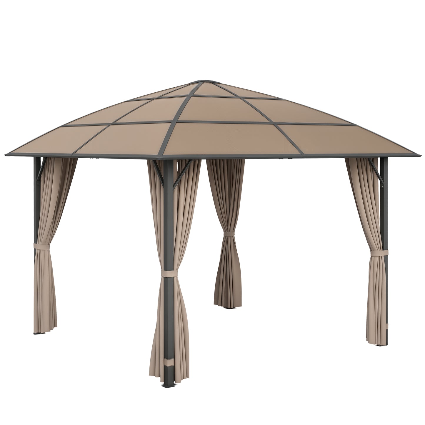 10' x 10' Outdoor Hardtop Gazebo Canopy with UV60+ Polycarbonate Roof, Steel Frame, Central Hook, Curtains, Khaki