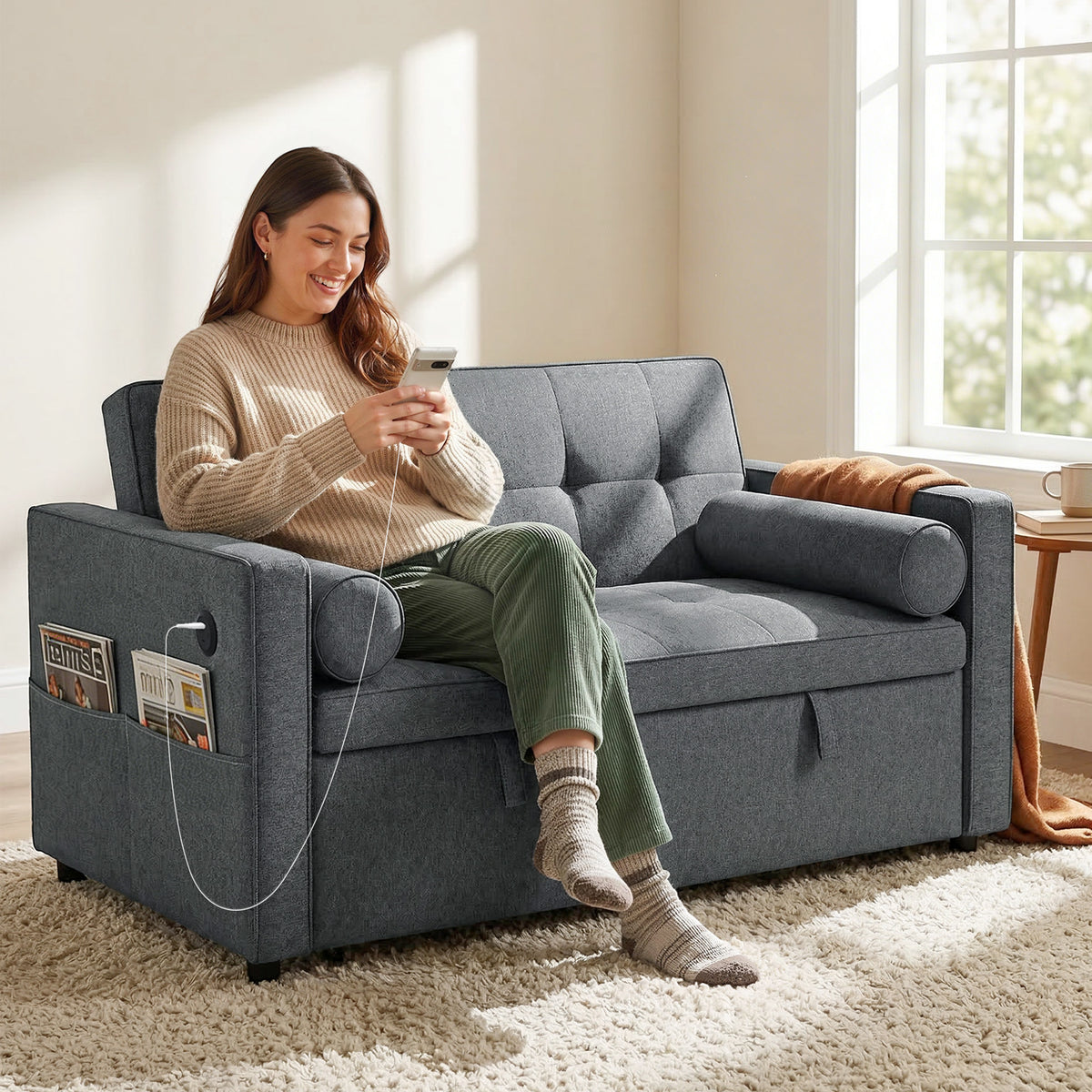 Pull Out Sofa Bed, Sleeper Sofa Couch with USB Ports, Small Linen Loveseat Futon Couch for Living Room, Dark Grey