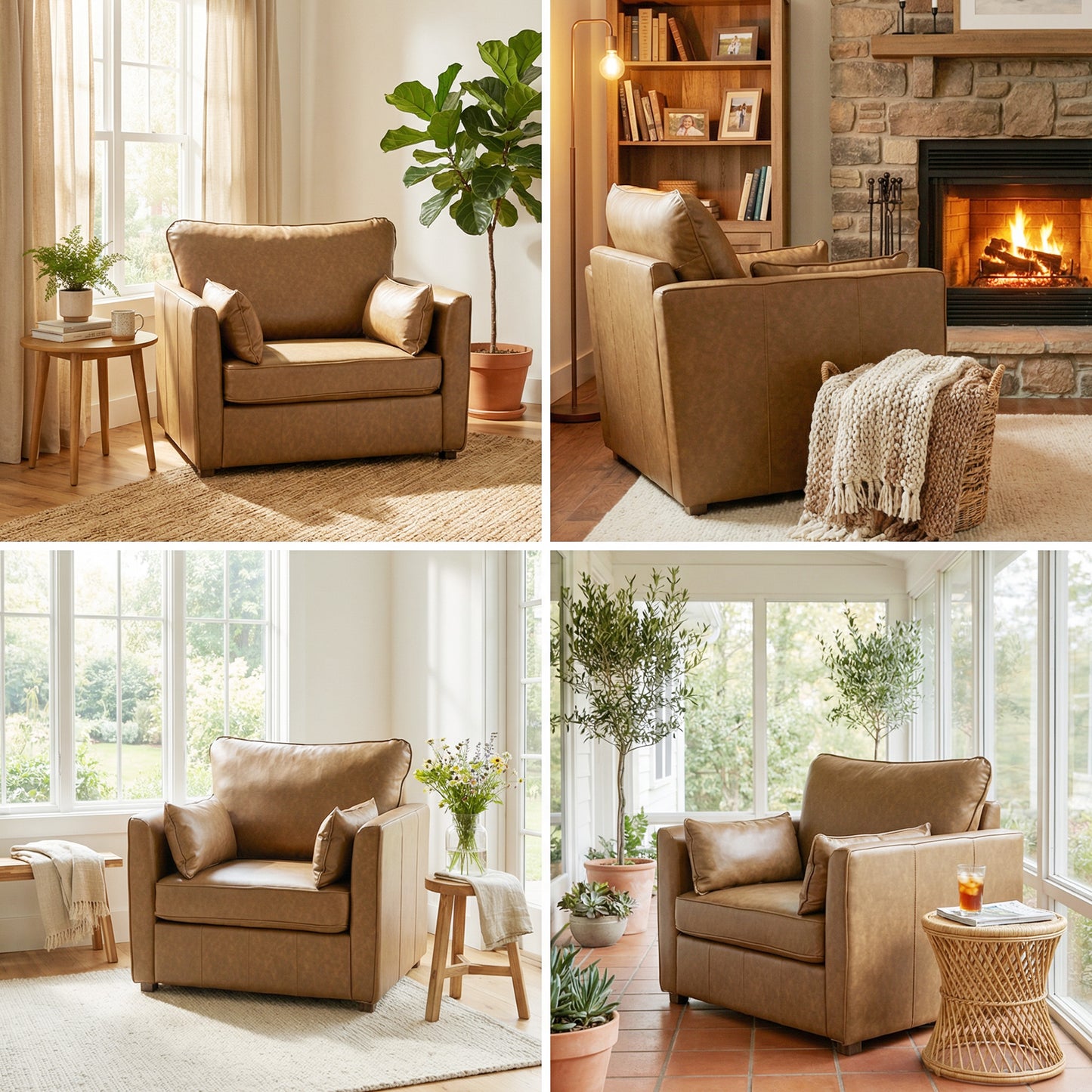 Accent Chair, PU Leather Armchair with Wide Seat, Spring Cushion, Rubberwood legs, 2 Pillows, Brown