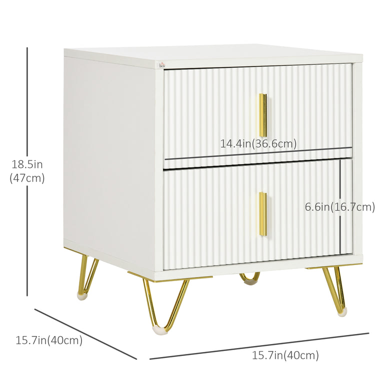 Nightstand with 2 Drawers and Metal Legs - White