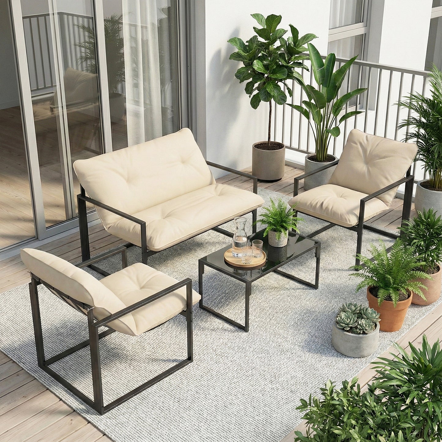 4 Piece Outdoor Furniture Set, Patio Conversation Set with Tempered Glass Table, Loveseat, 2 Chairs and Cushions, Beige