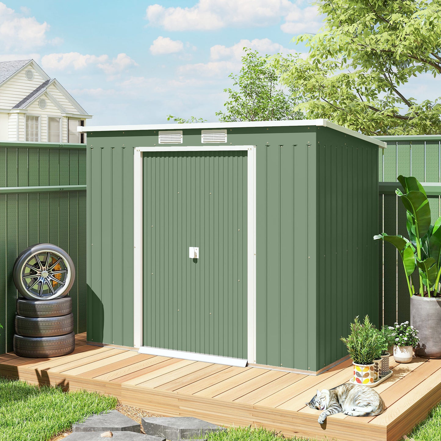 7' x 4' Galvanised Steel Garden Shed, with Foundation Kit - Green