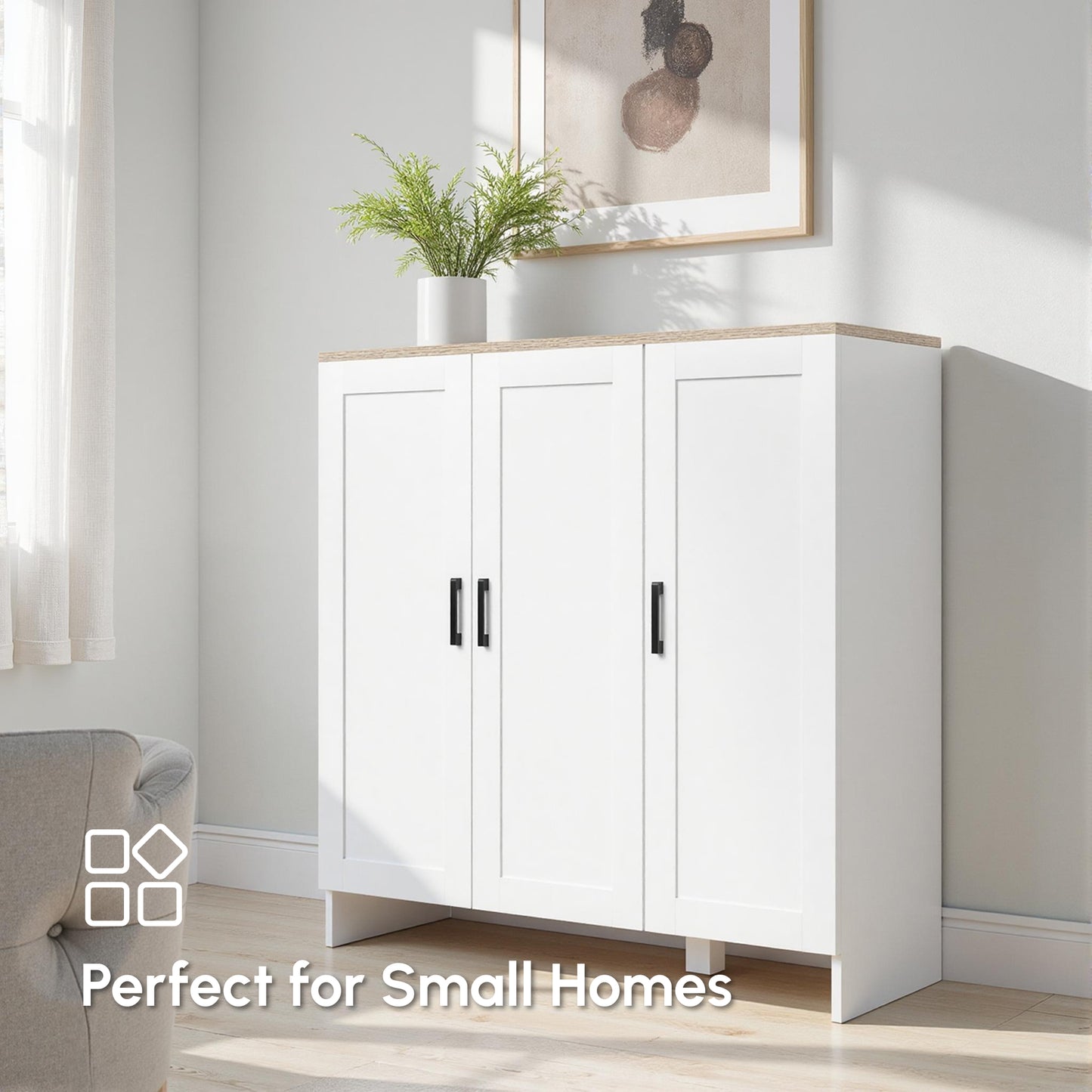 Modern Sideboard Cabinet with Adjustable Shelves, 3 Doors for Modern Kitchen & Dining Room, Ideal for Homeowners, White