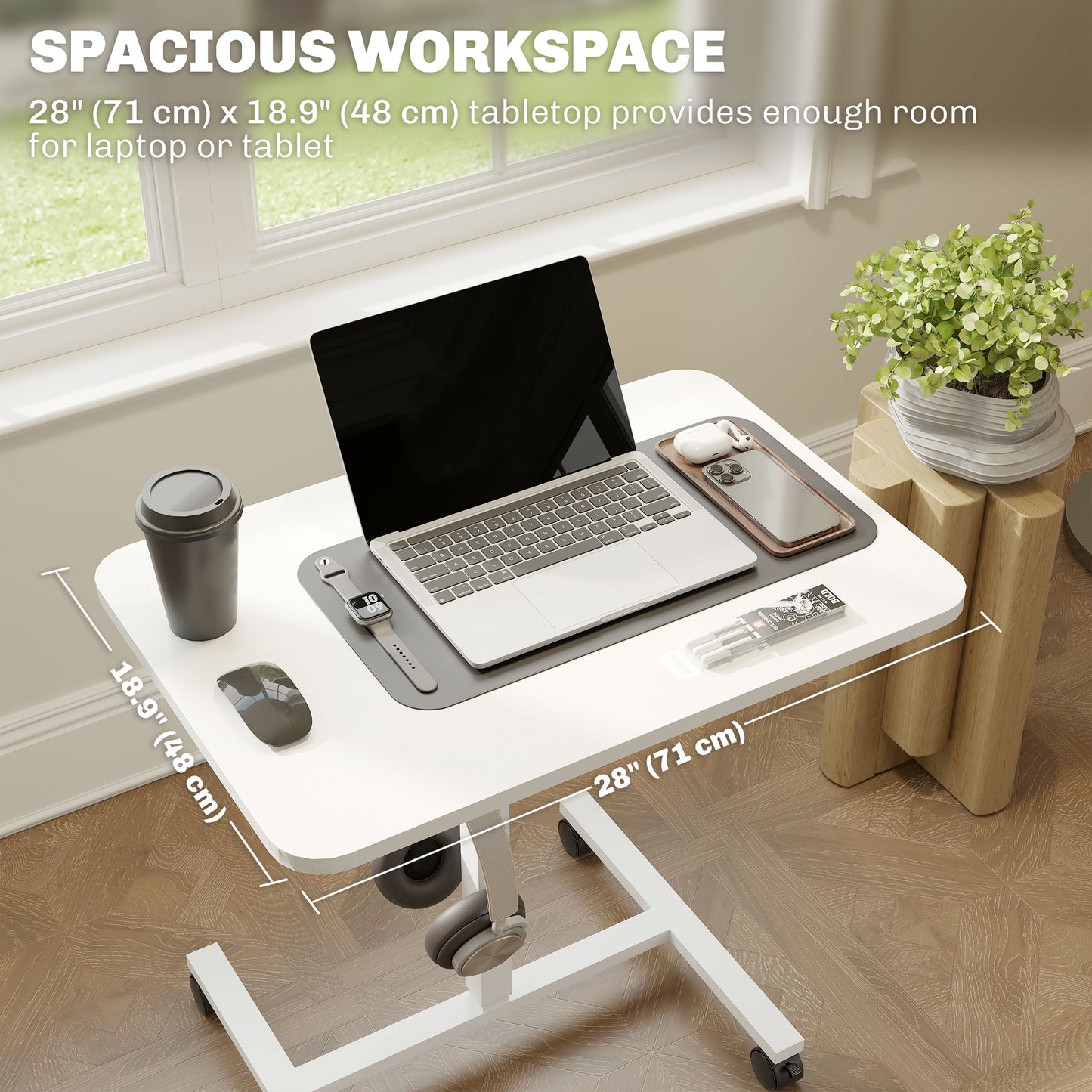 Height Adjustable Standing Desk, Pneumatic Sit Stand Desk with Wheels and Headphone Hook, White Wood Grain