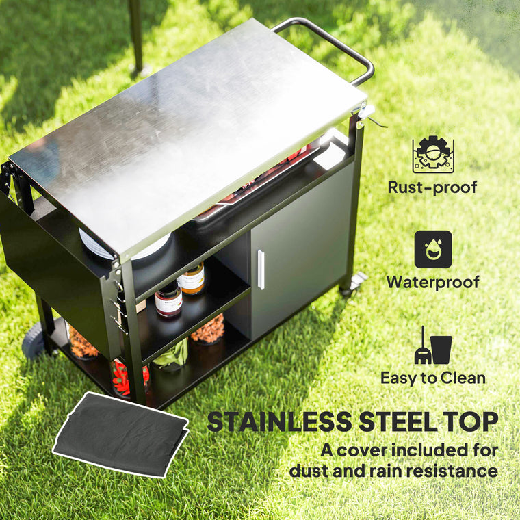 Pizza Oven Stand with Stainless Steel Top & Foldable Table