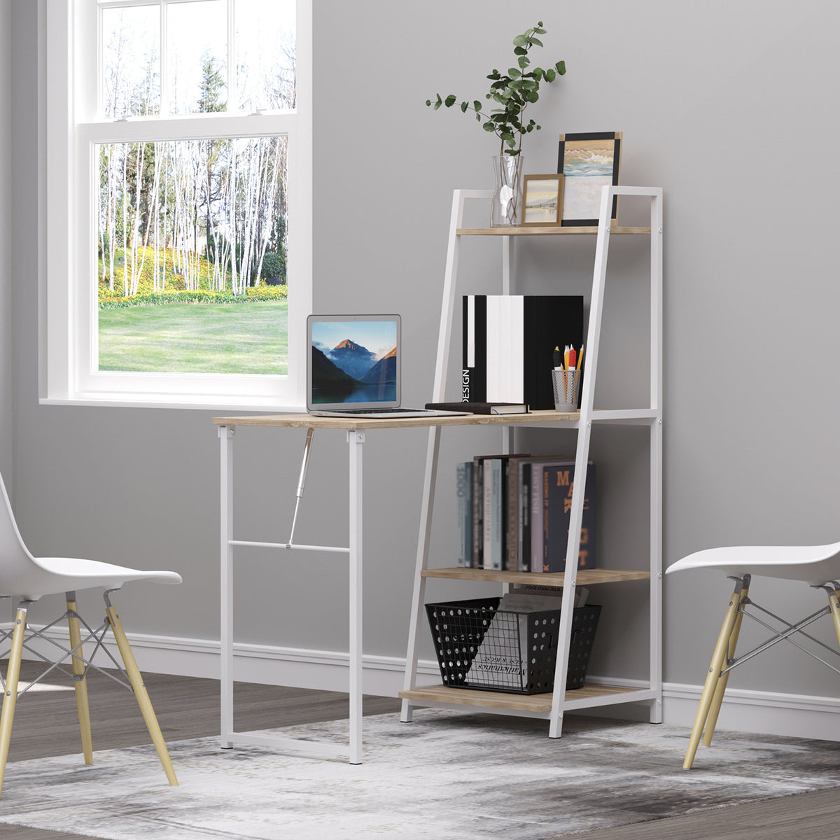 Computer Desk with Storage Sheves and Foldable Tabletop, Writing Desk for Home Office and Study, White, Natural