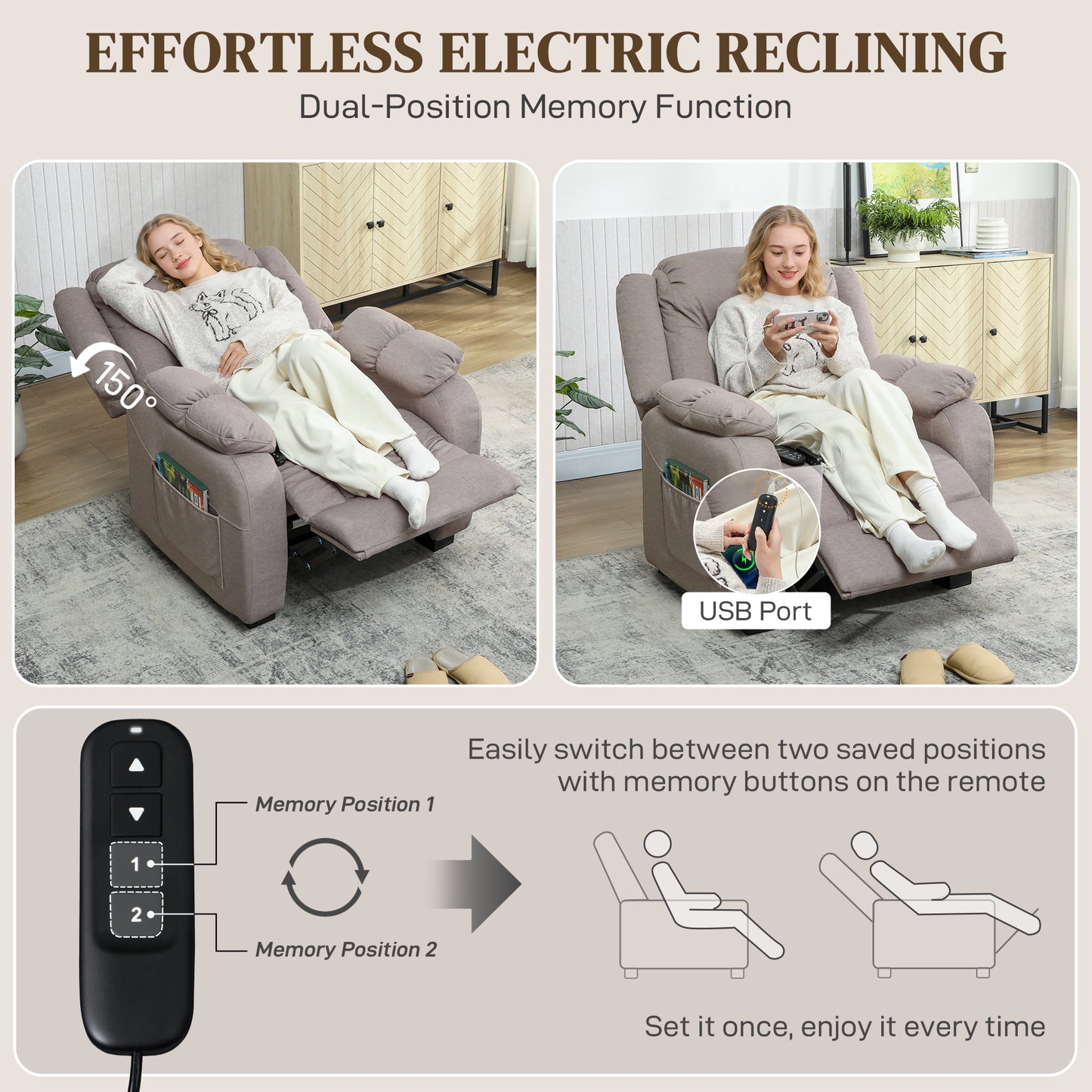 Massage Recliner Chair with Quiet Brushless Motor Pet-Friendly Fabric Power Recliner with 2 Memory Positions Brown