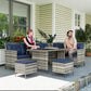 6pcs Outdoor Rattan Sofa Set Garden Wicker Sectional Couch Furniture Set with Dining Table and Chair Deep Blue