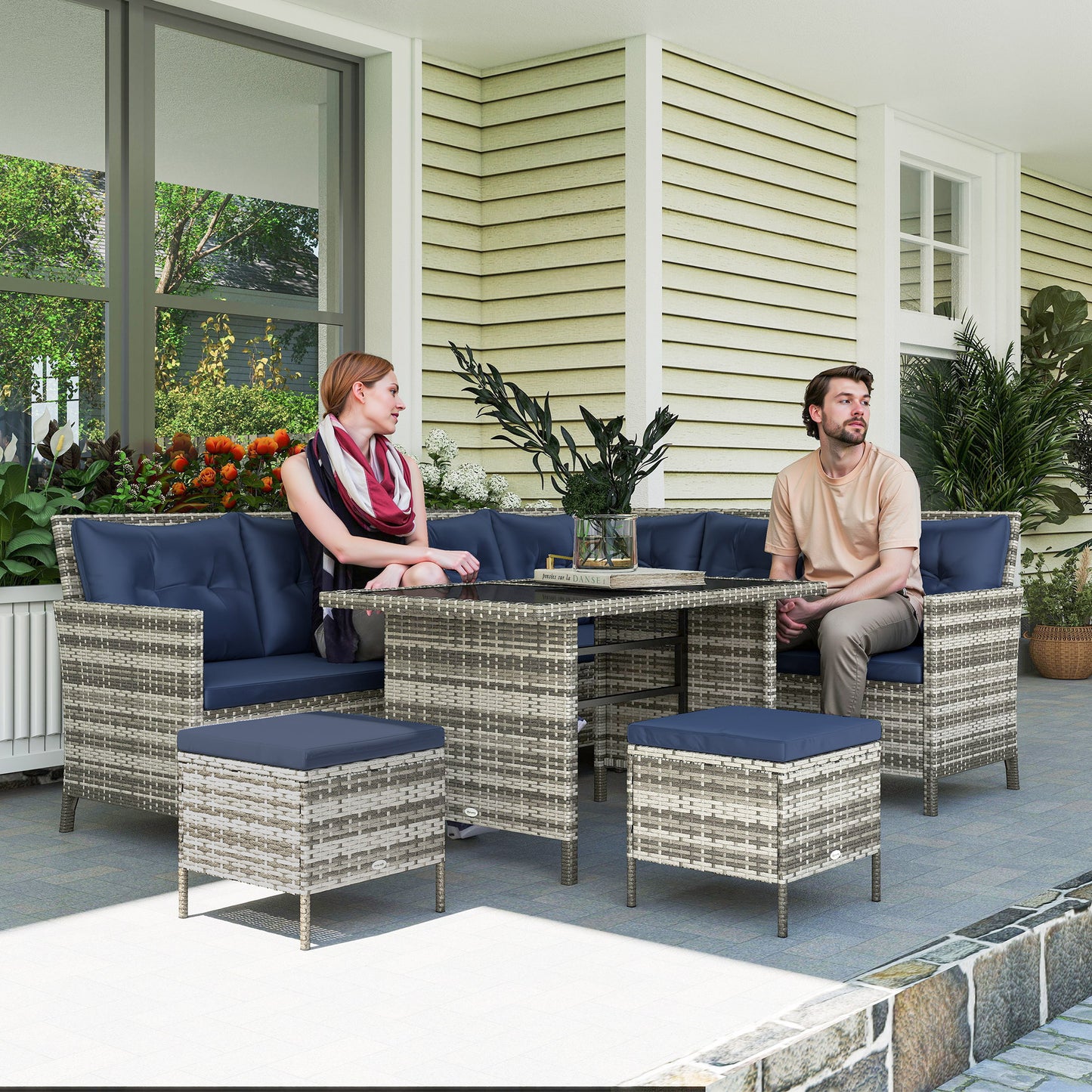 6pcs Outdoor Rattan Sofa Set Garden Wicker Sectional Couch Furniture Set with Dining Table and Chair Deep Blue