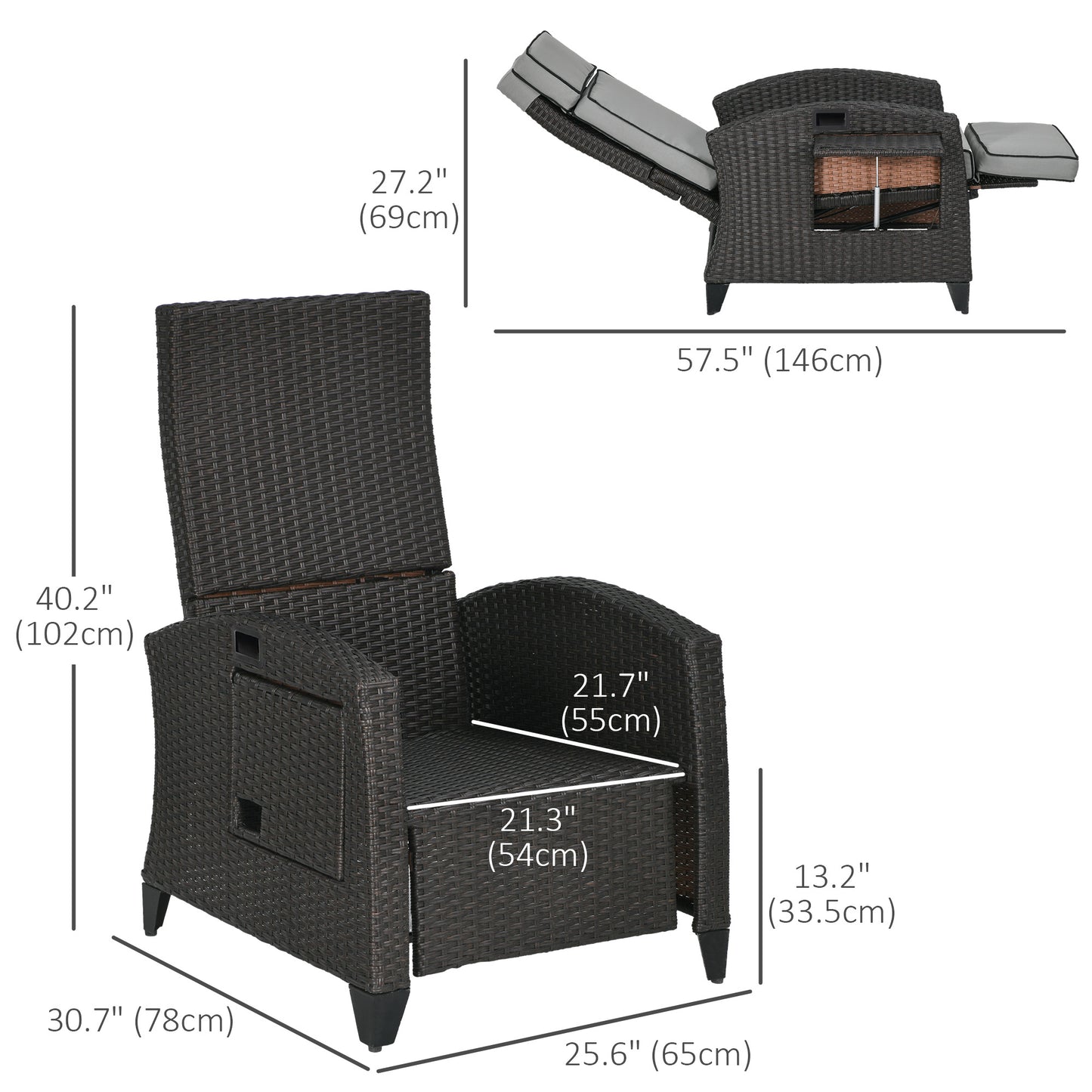 Outdoor Recliner Chair with Adjustable Backrest, Cushion, Side Tray, Black