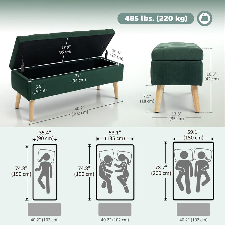 Velvet Storage Ottoman with Wood Legs - Dark Green