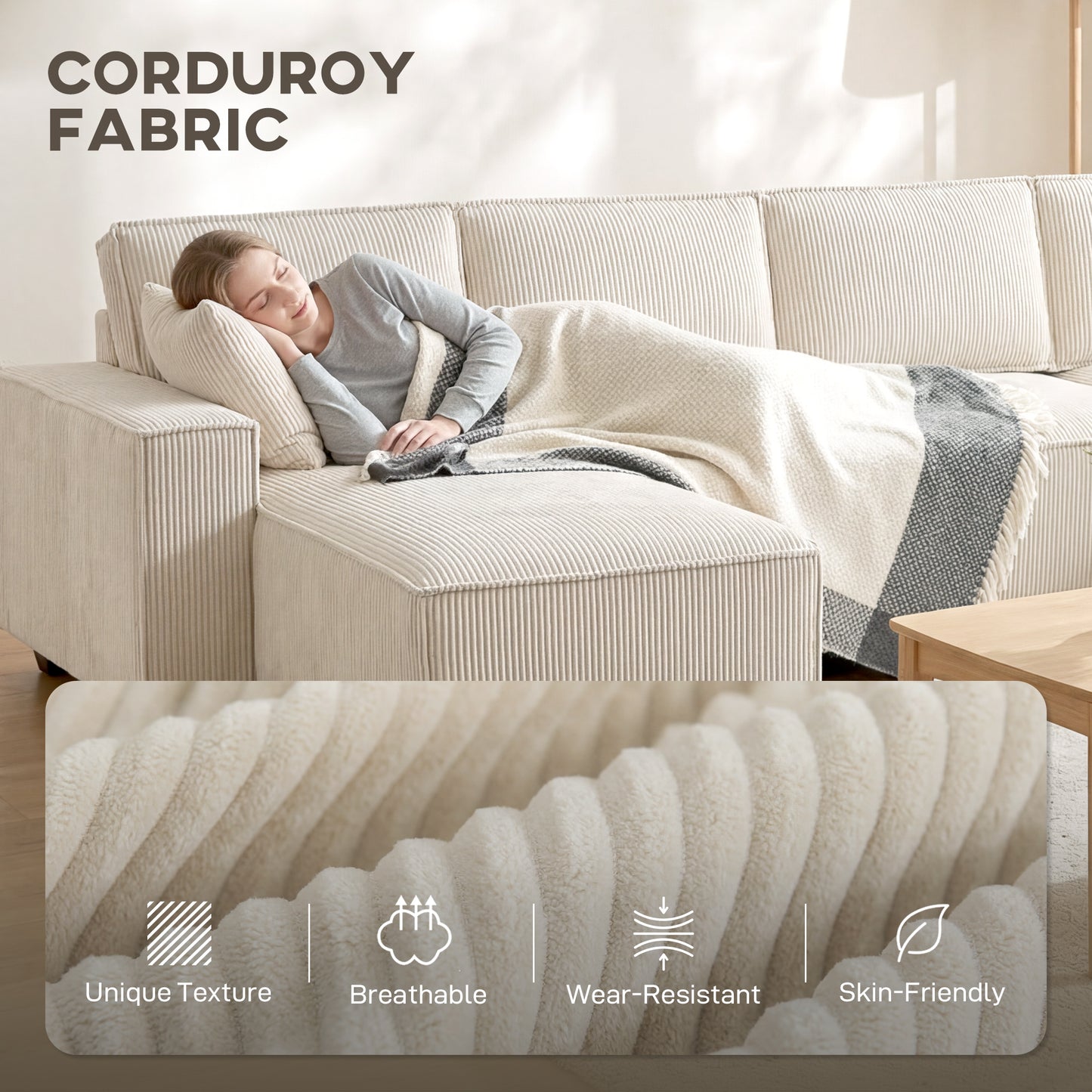 Modular U Shaped Couch, Sectional Sofa with Double Chaises and Spring Cushions, Beige