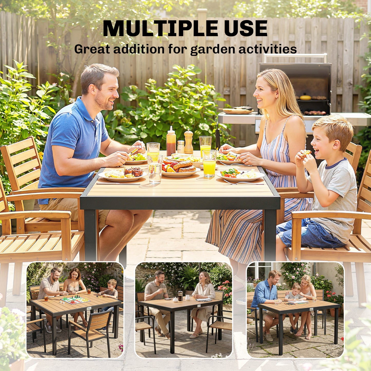 Aluminum Outdoor Dining Table for 6, Patio Rectangular Table, 47.2" x 35.4" x 29.1", Natural