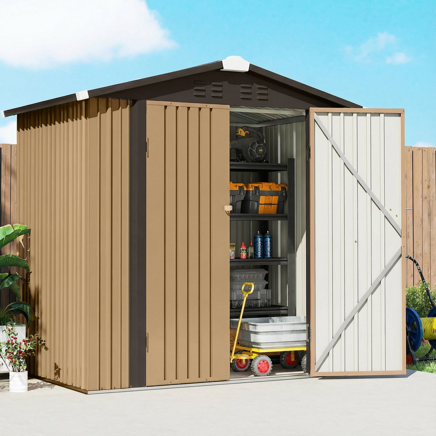 6.5' x 4' Outdoor Storage Shed, Metal Garden Shed with Lockable Double Doors, 4 Vents, Yellow