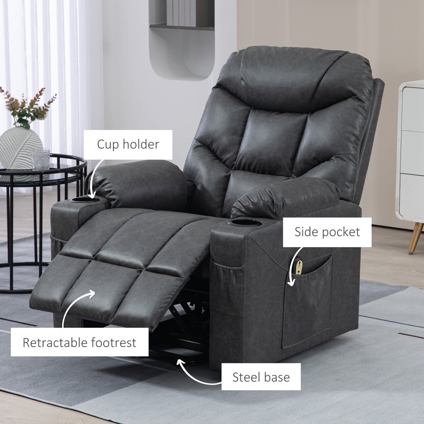 Lift Chair for Elderly, PU Leather Electric Recliner Chair with Quick Assembly, Remote, Cup Holders, Side Pockets, Grey