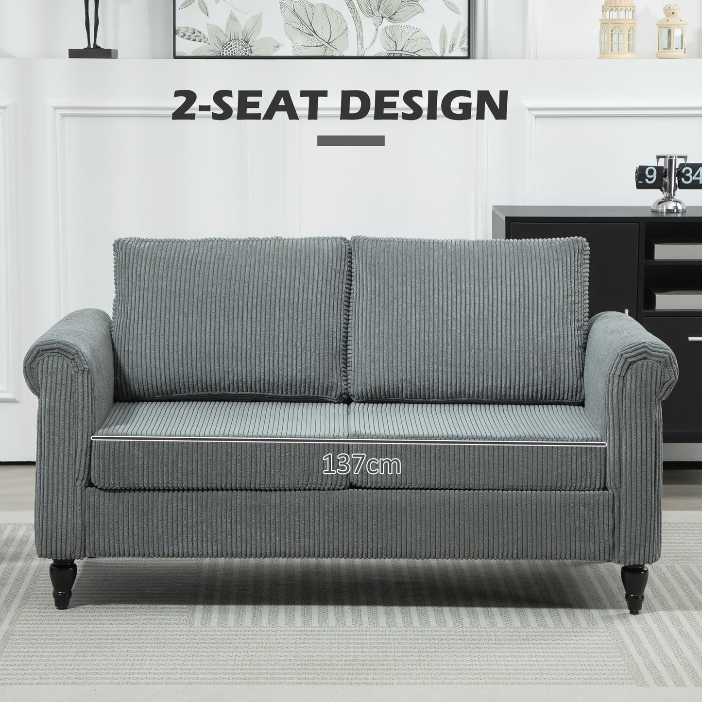 Vintage Loveseat, Upholstered Love Seat Furniture, Fabric 2 Seater Sofa with Rolled Arms, Rubber Wood Legs, Grey
