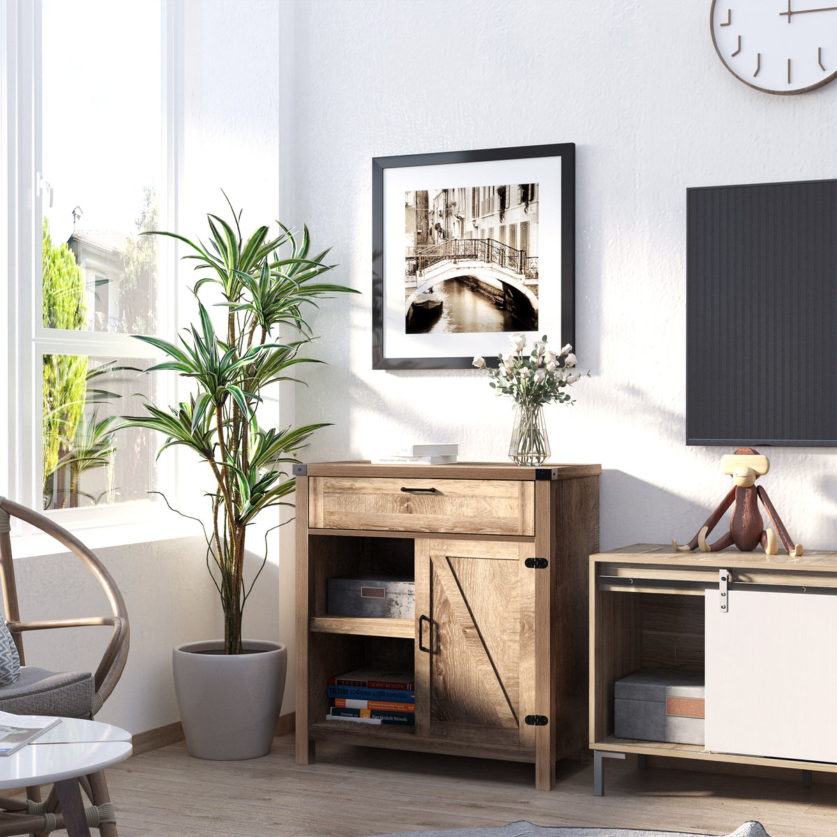 Rustic Barn Door Storage Cabinet Modern Farmhouse Buffet Sideboard for Kitchen and Dining Room, Light Oak