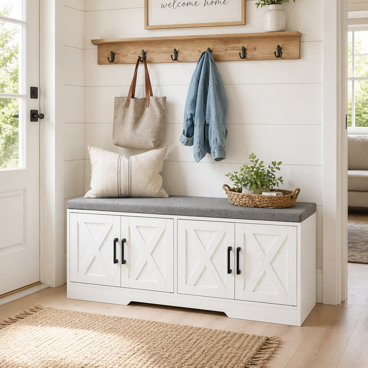 Shoe Bench with Cushion Shoe Storage Bench with Doors Adjustable Shelves for Entryway, White
