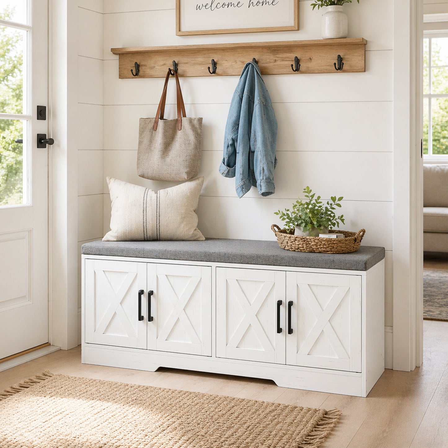 Shoe Bench with Cushion Shoe Storage Bench with Doors Adjustable Shelves for Entryway, White