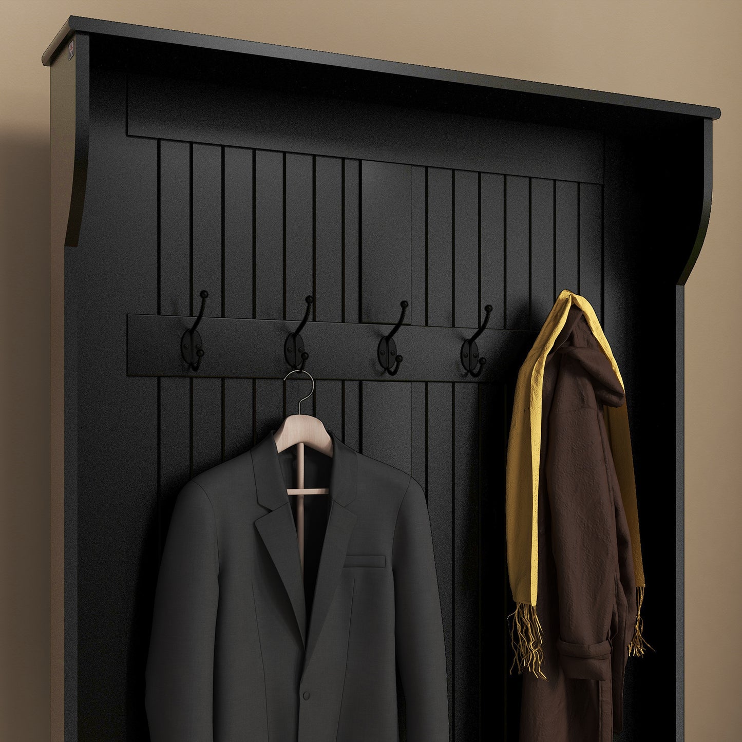 4-In-1 Hall Tree with Coat Rack, Top Shelf, Shoe Storage and Bench Seat, Entryway Bench with 5 Hooks, Black