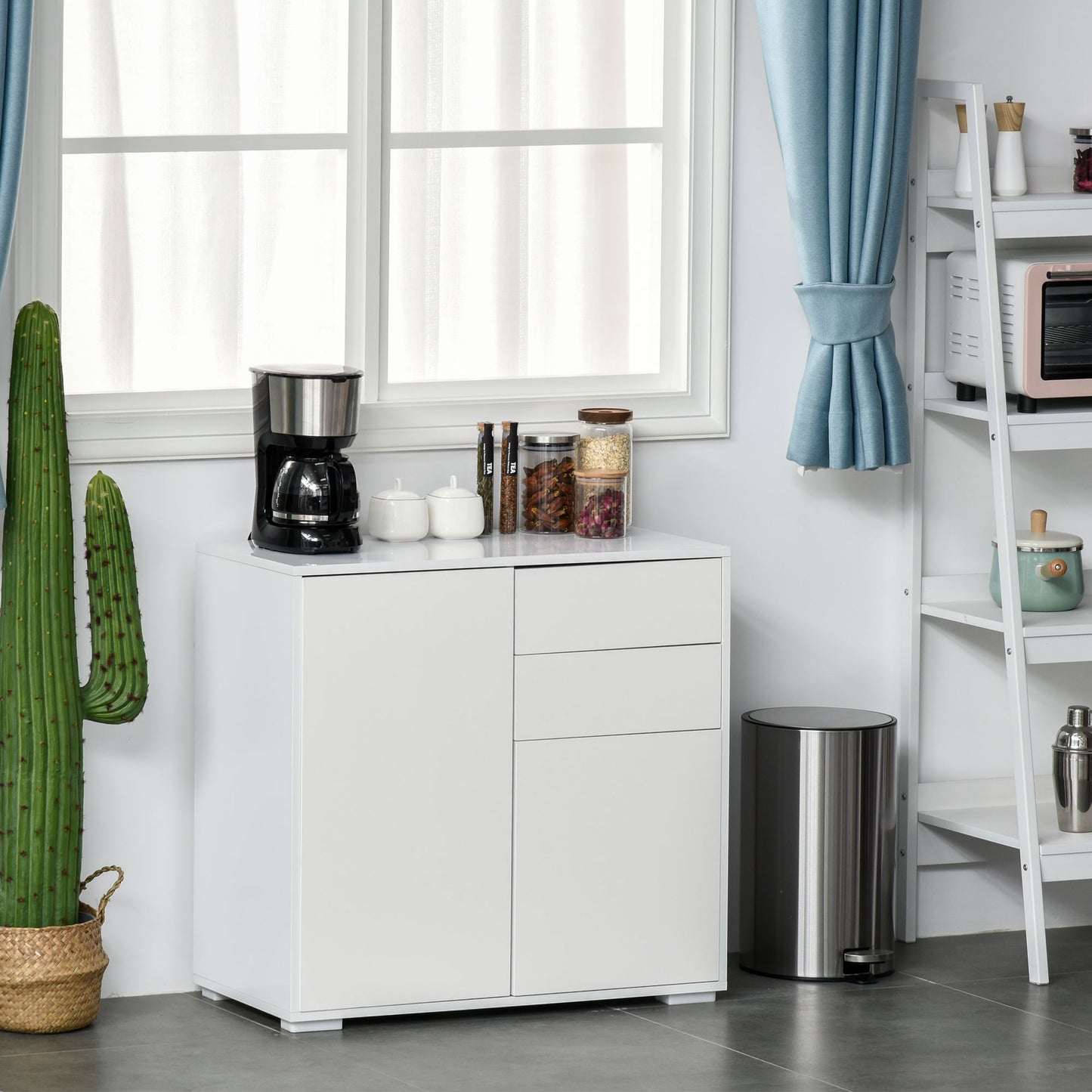 High Gloss Buffet Sideboard with 2 Drawers, 2 Doors and Adjustable Shelf, Kitchen Storage Cabinet with Push Open Design, White