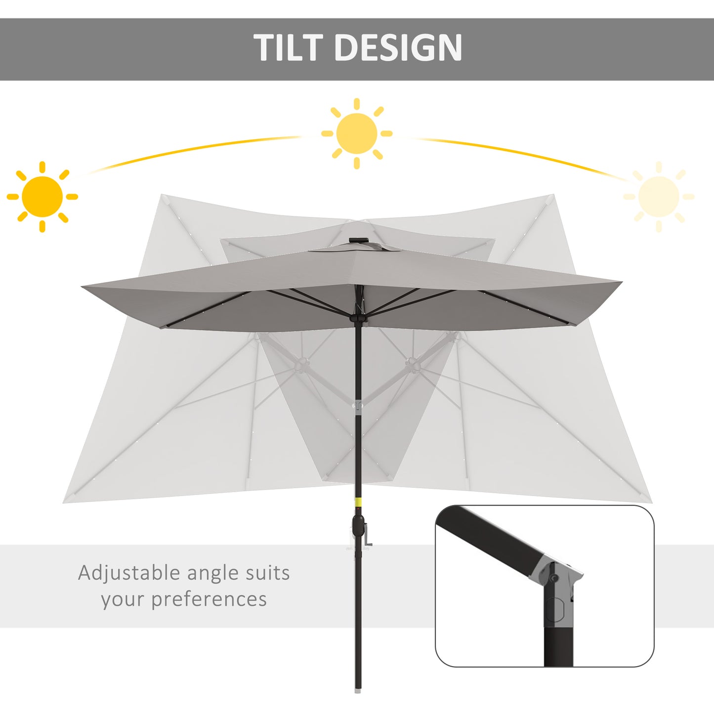 6.5x10ft Patio Umbrella Tilt Aluminum Outdoor Market Parasol with Solar Powered LEDs, Crank - Light Grey