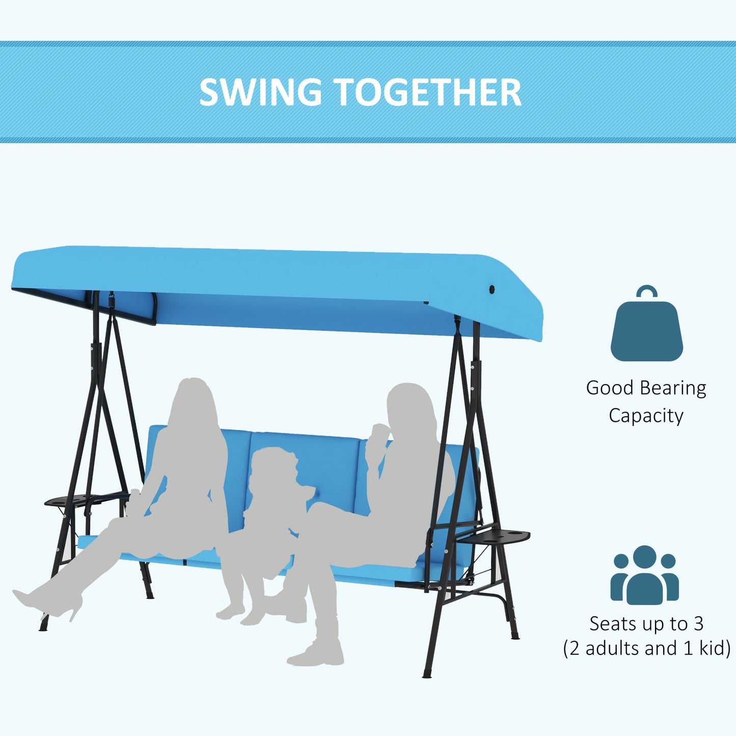 3-Seat Outdoor Porch Swing Patio Swing with Adjustable Canopy, Side Tray, Removable Cushion for Garden, Poolside, Grey