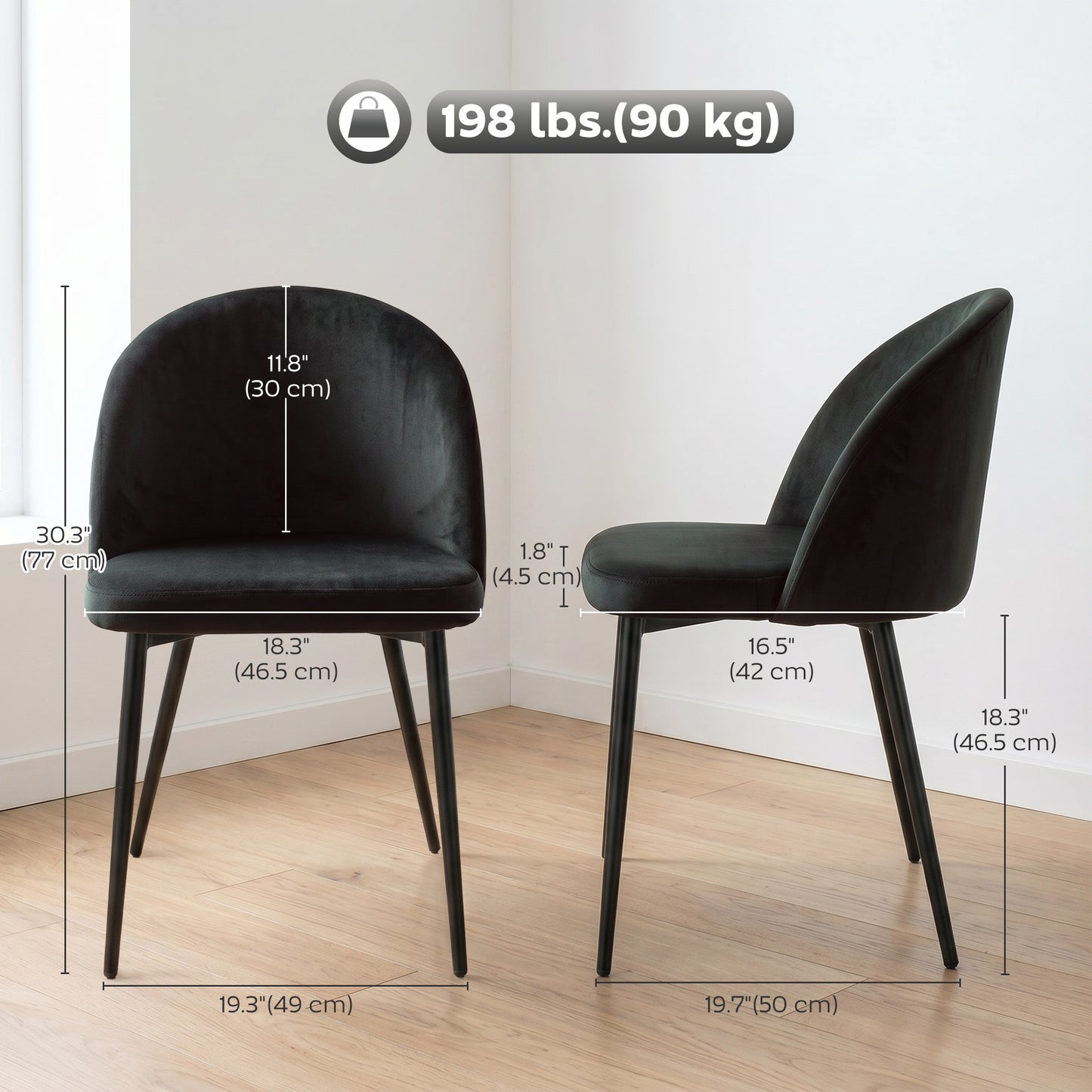 Set of 2 Mid-Back Dining Chair, Mid-Back Velvet-touch Upholstery Kitchen Chair for Living Room Dining Room, Black
